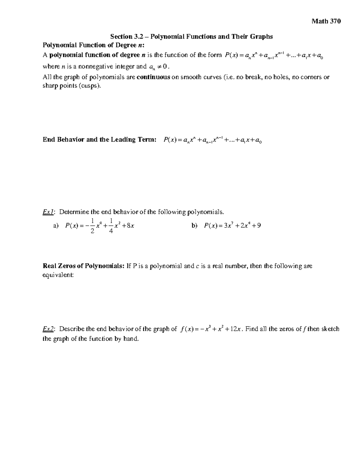 Math 370 Section 3.2 Notes: Polynomial Functions & Their Graphs - Studocu