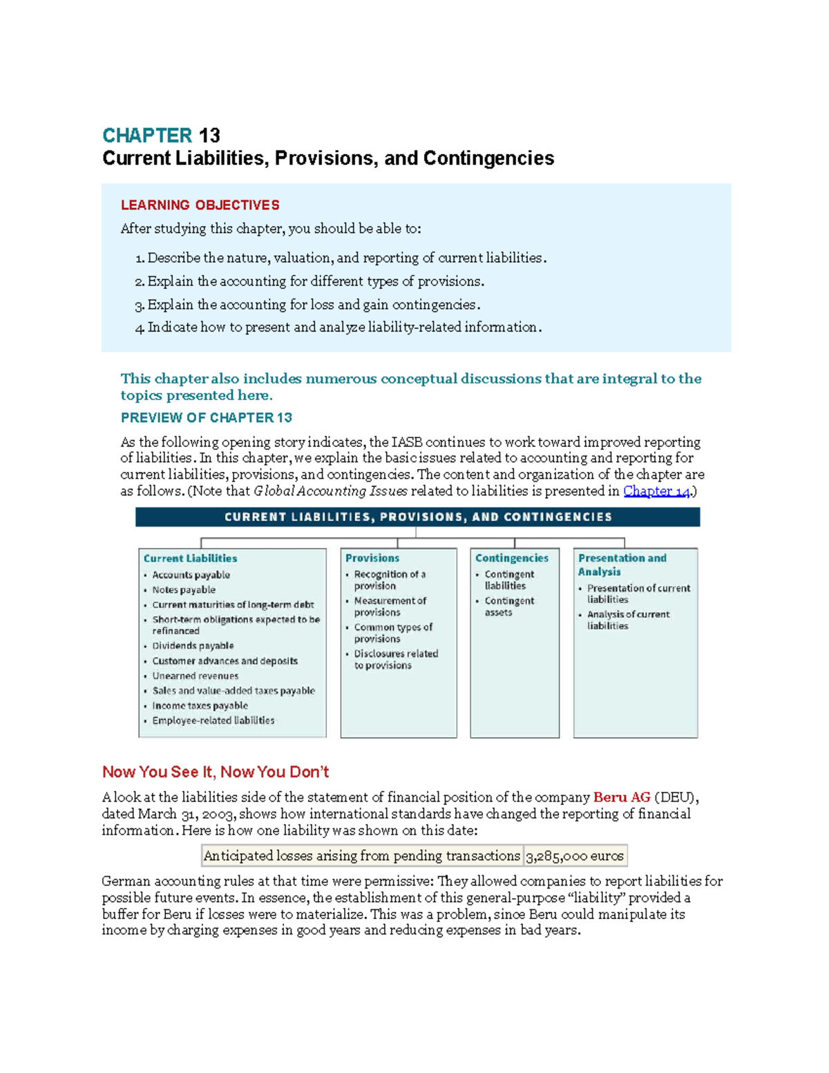 CHAPTER 13 Current Liabilities, Provisions, and Contingencies Overview ...