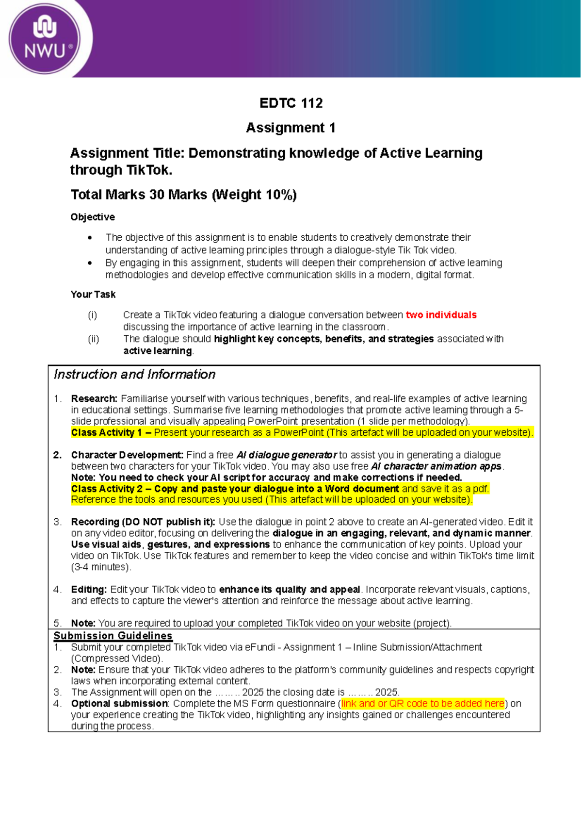 EDTC 112 Assignment 1: Active Learning through TikTok Video - Studocu