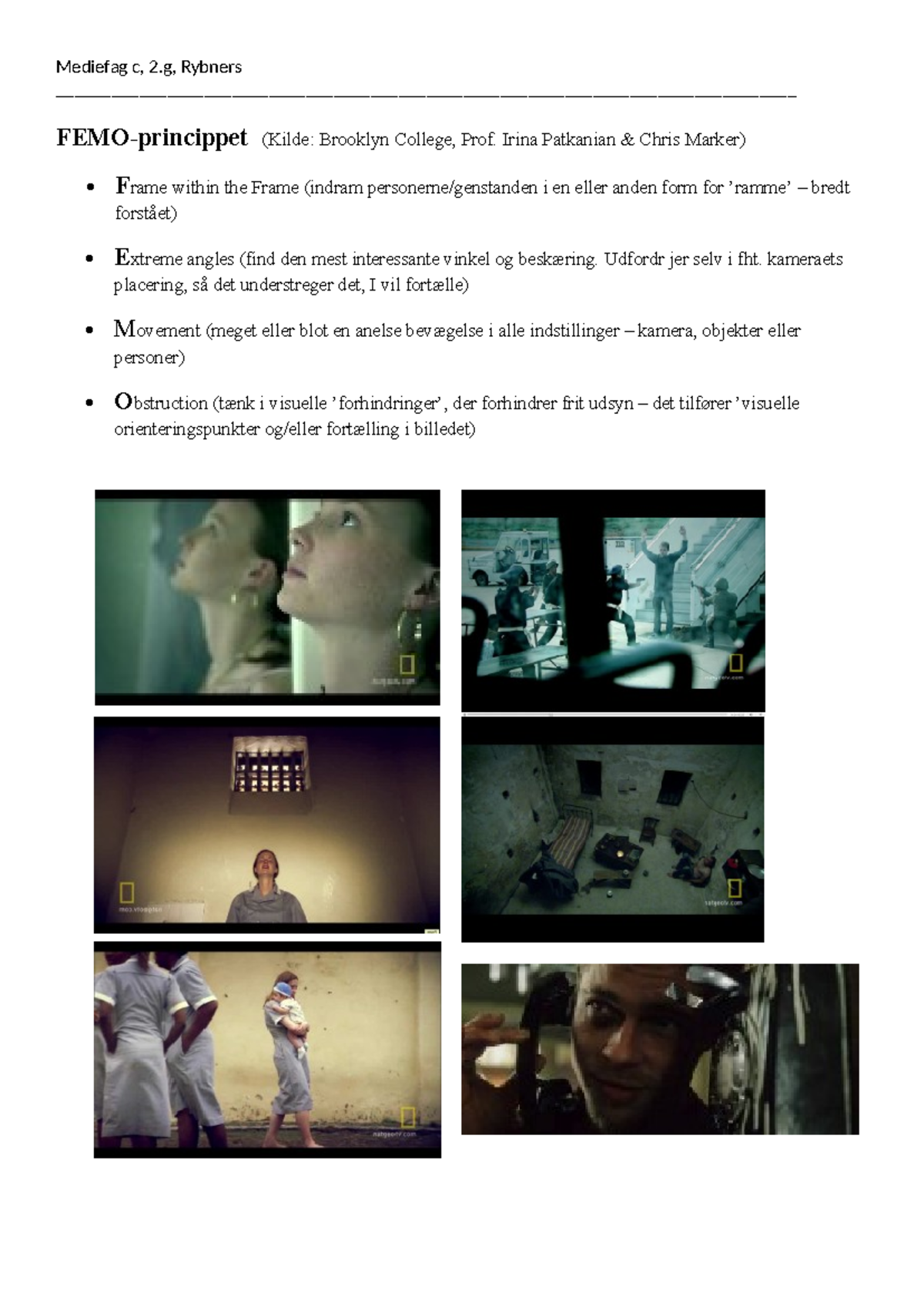 Mediefag C: FEMO-noter om Film og Visuelle Teknikker - Studocu