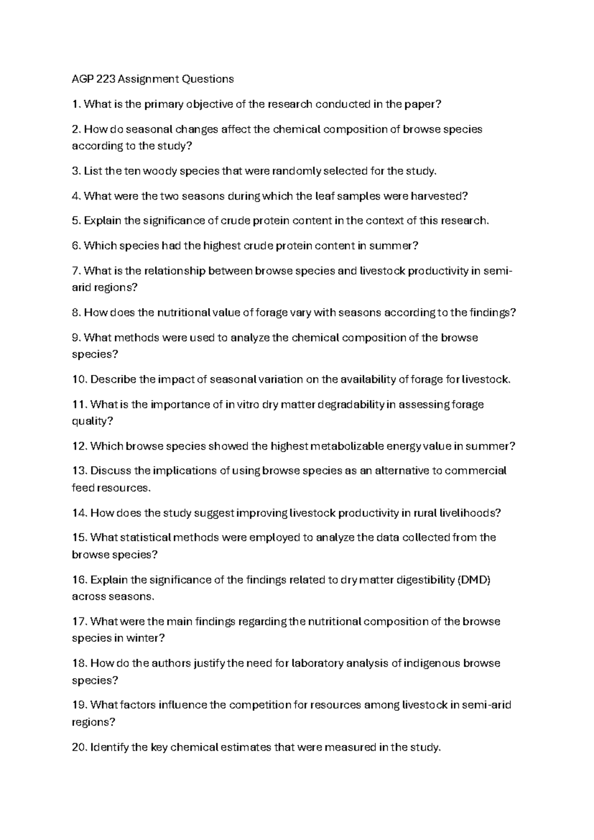 AGP 223 Assignment 1 Questions on Browse Species Research - Studocu