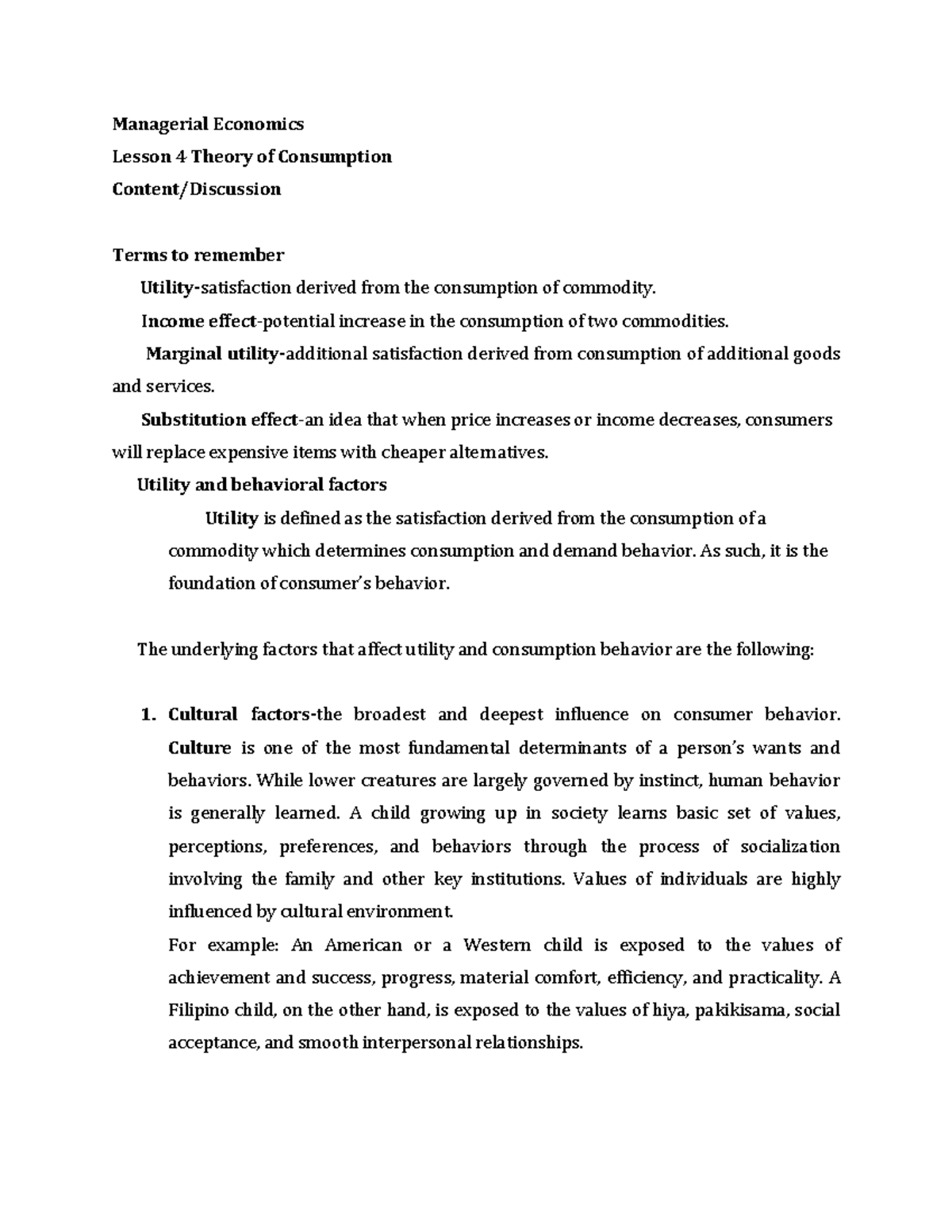 Module 4: Lesson on Consumption Theory in Managerial Economics - Studocu