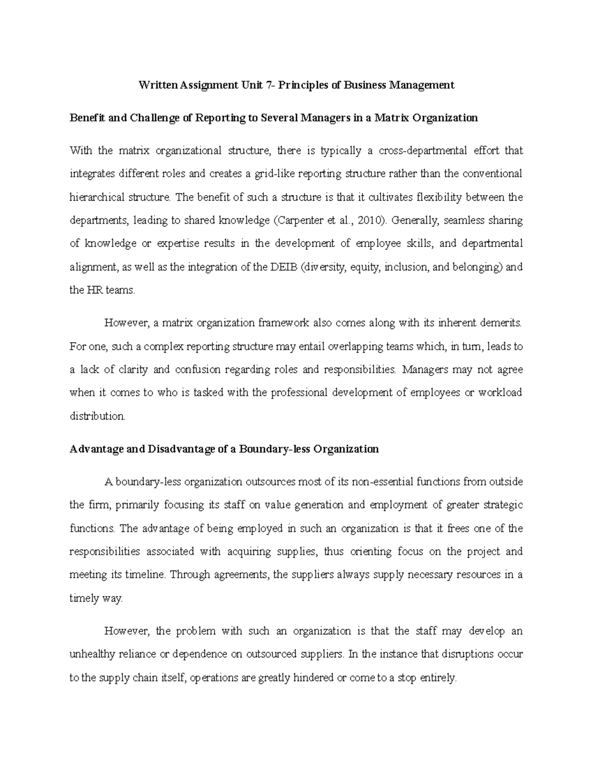 Written Assignment Unit 7 - Principles of Business Management - The ...