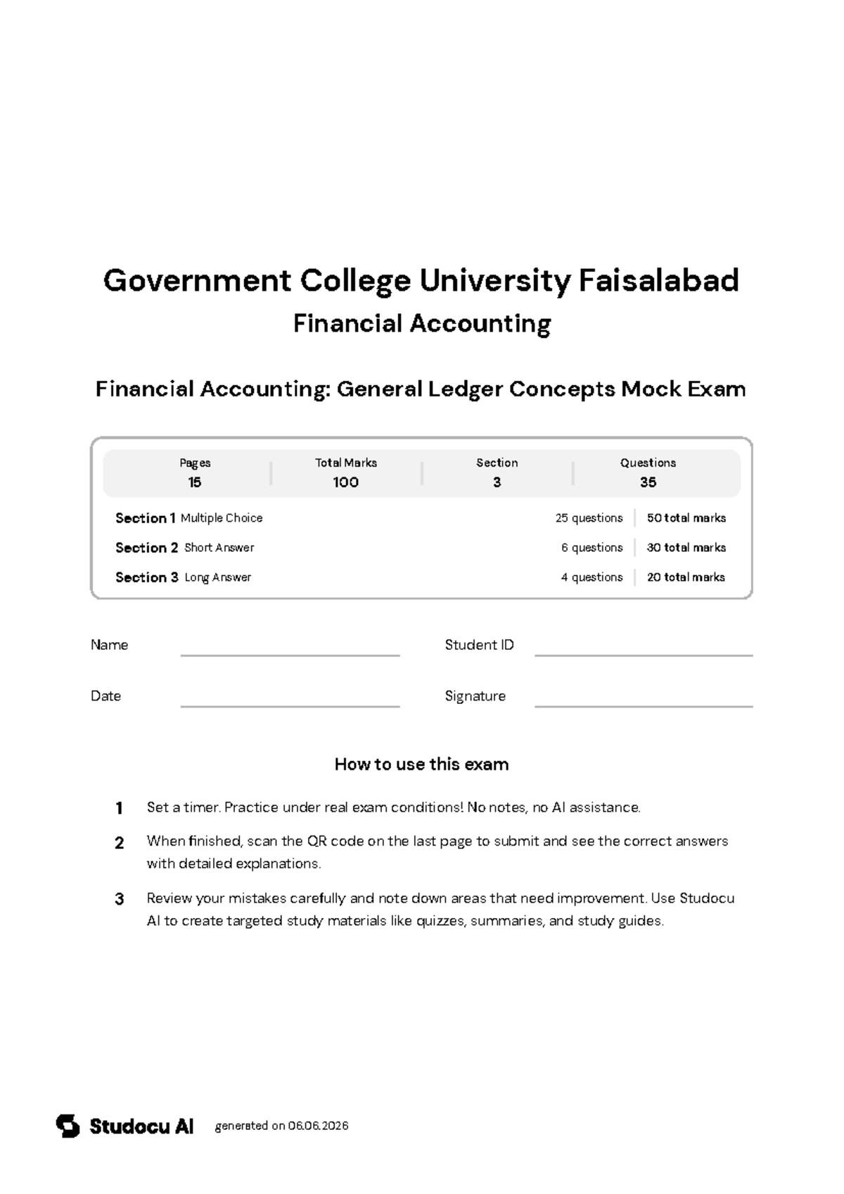 Financial Accounting: General Ledger Concepts Mock Exam - Studocu