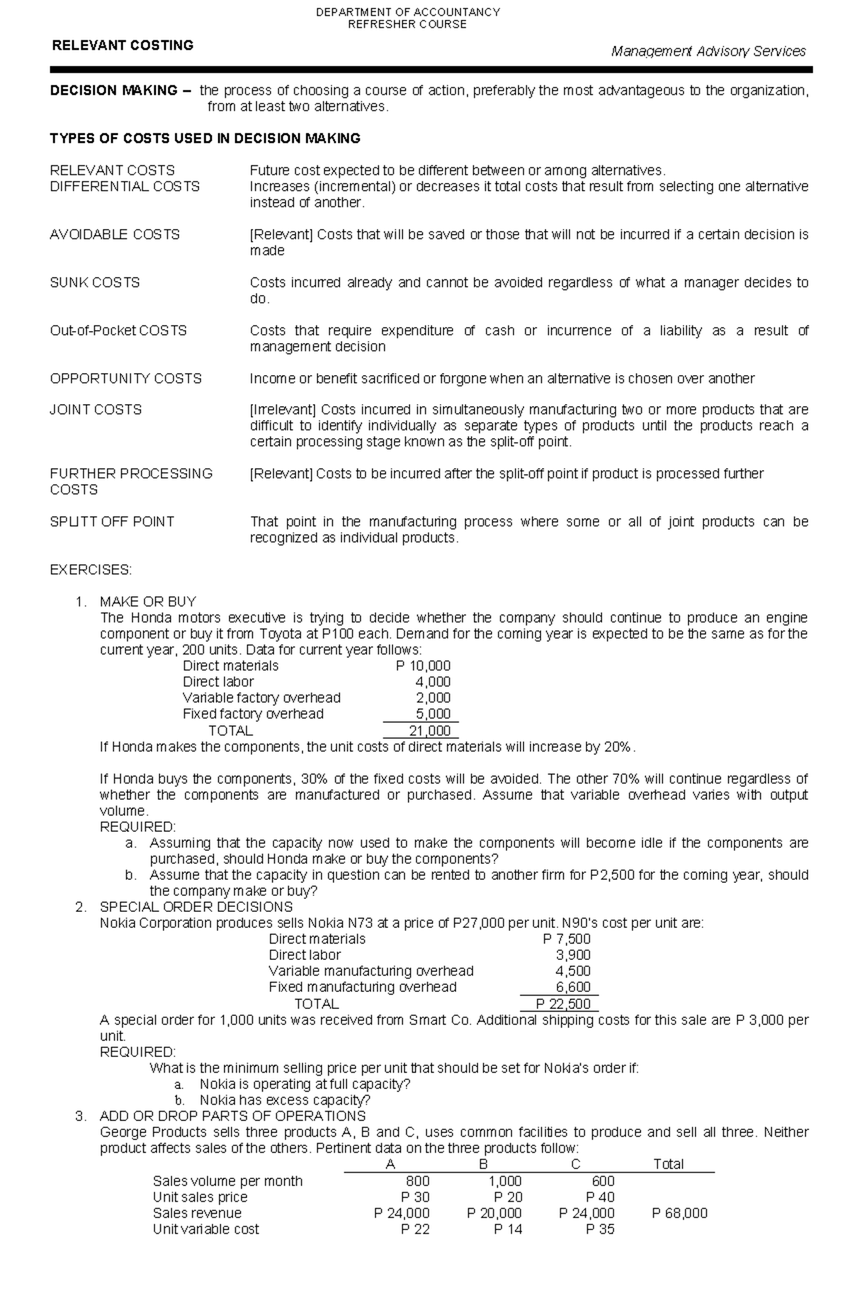 Relevant costing - summary - DECISION MAKING – the process of choosing ...