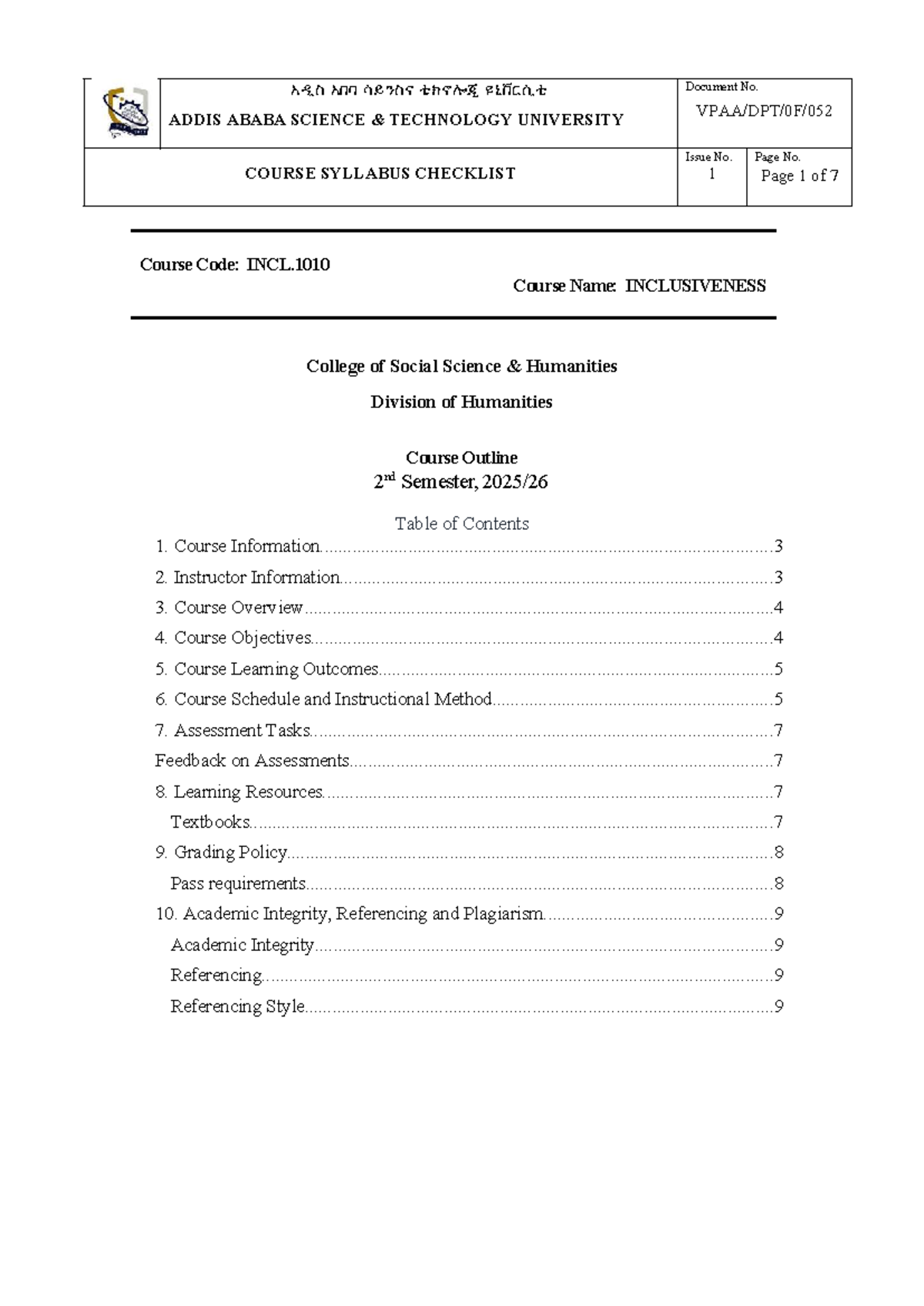 INCL.1010 Course Syllabus Checklist: Inclusiveness Overview - Studocu