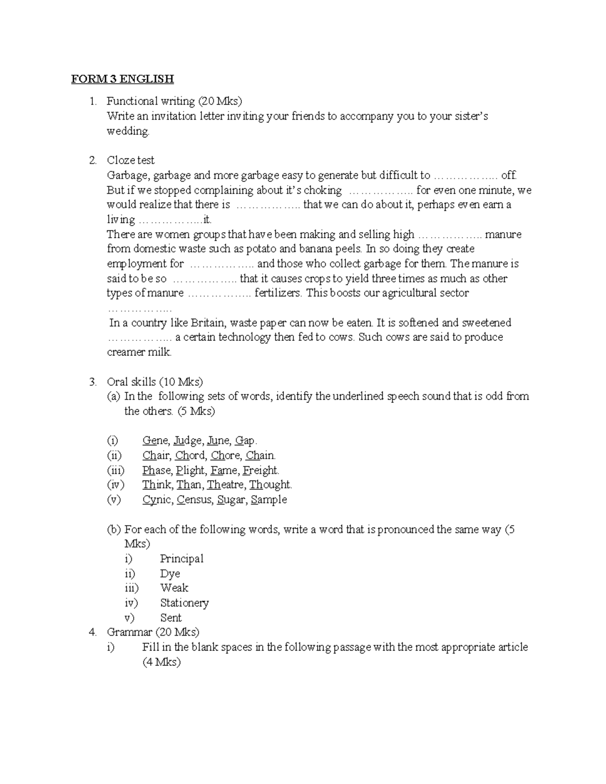 Form 3 English Exam Notes: Writing, Grammar, & Oral Skills - Studocu