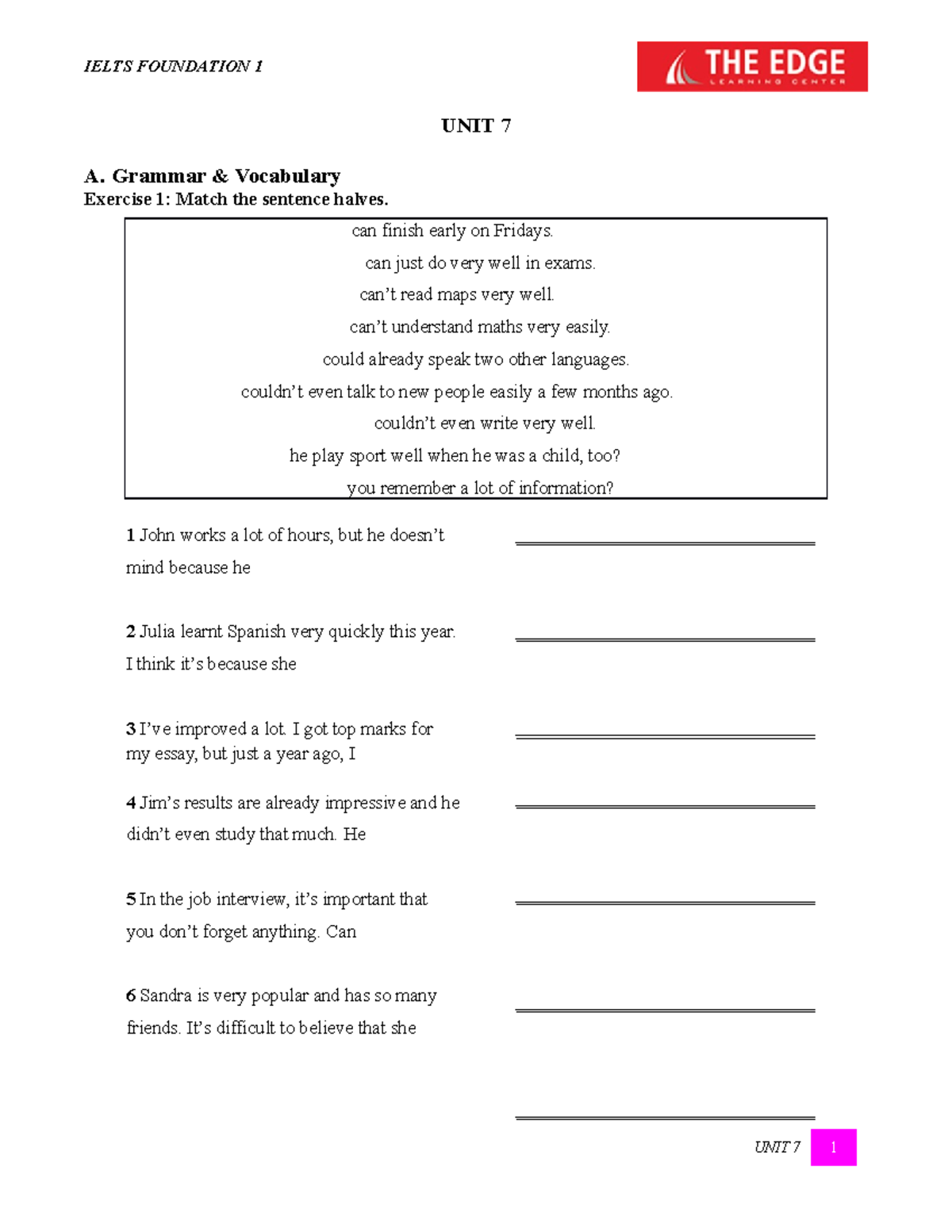 UNIT 7: Grammar & Vocabulary Exercises for Language Learners - Studocu