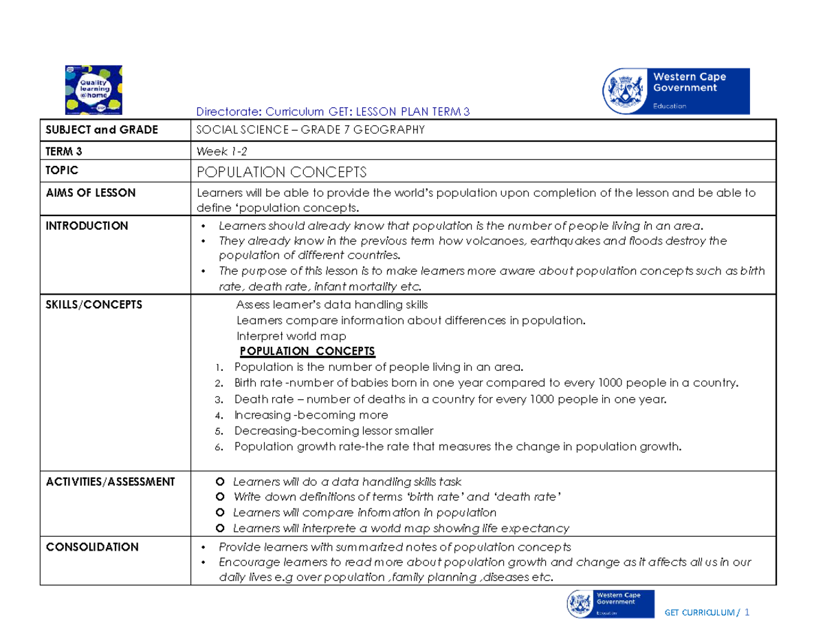 GET: Lesson Plan for Grade 7 Social Science Geography - Term 3 - Studocu