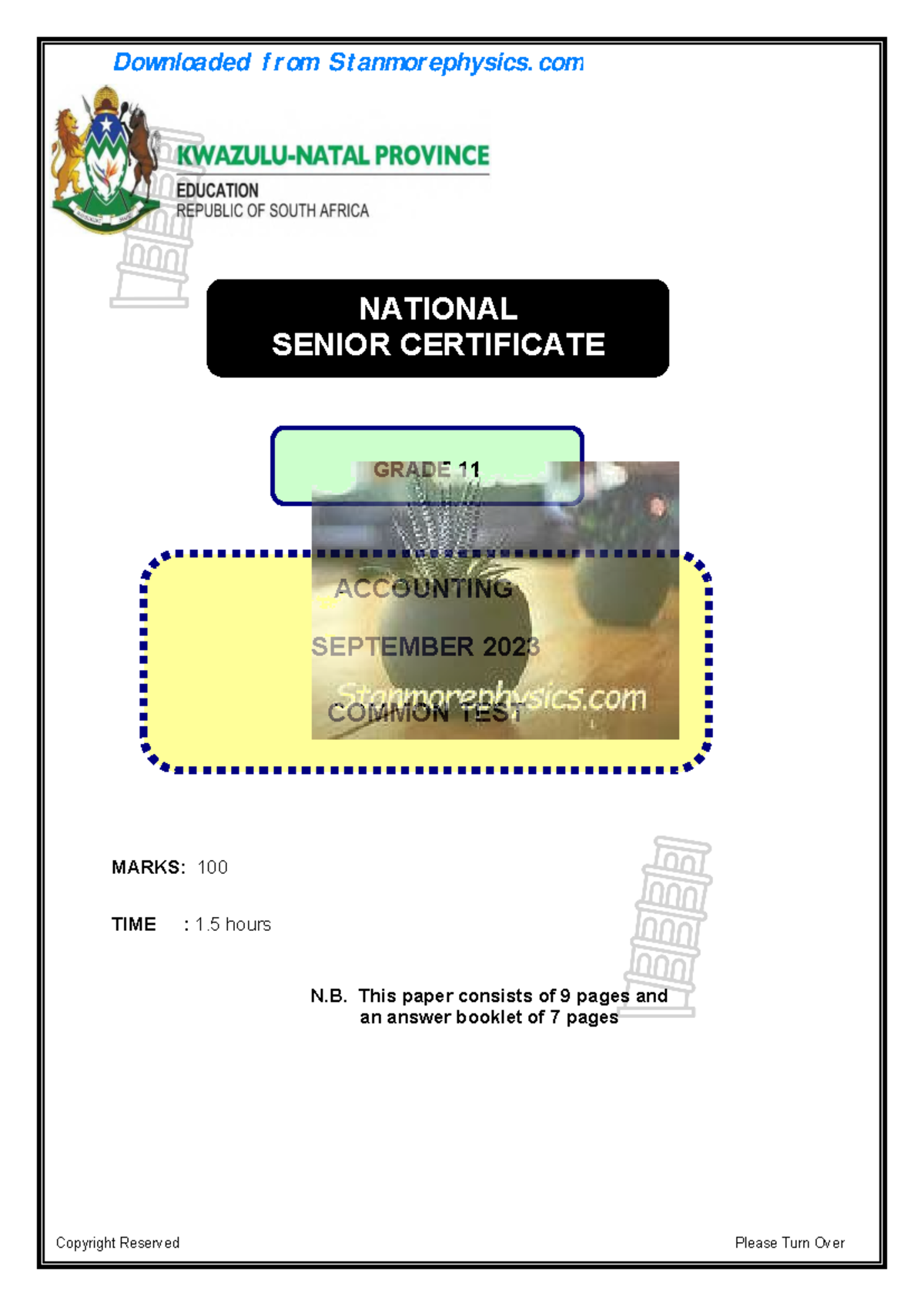 KZN Accounting Grade 11 September 2023 Common Test QP & Memo - Studocu