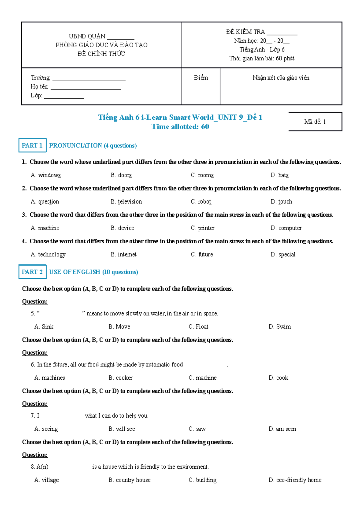 Tiếng Anh 6 i-Learn Smart World UNIT 9 Đề 1 - 1 - UBND QUẬN ...