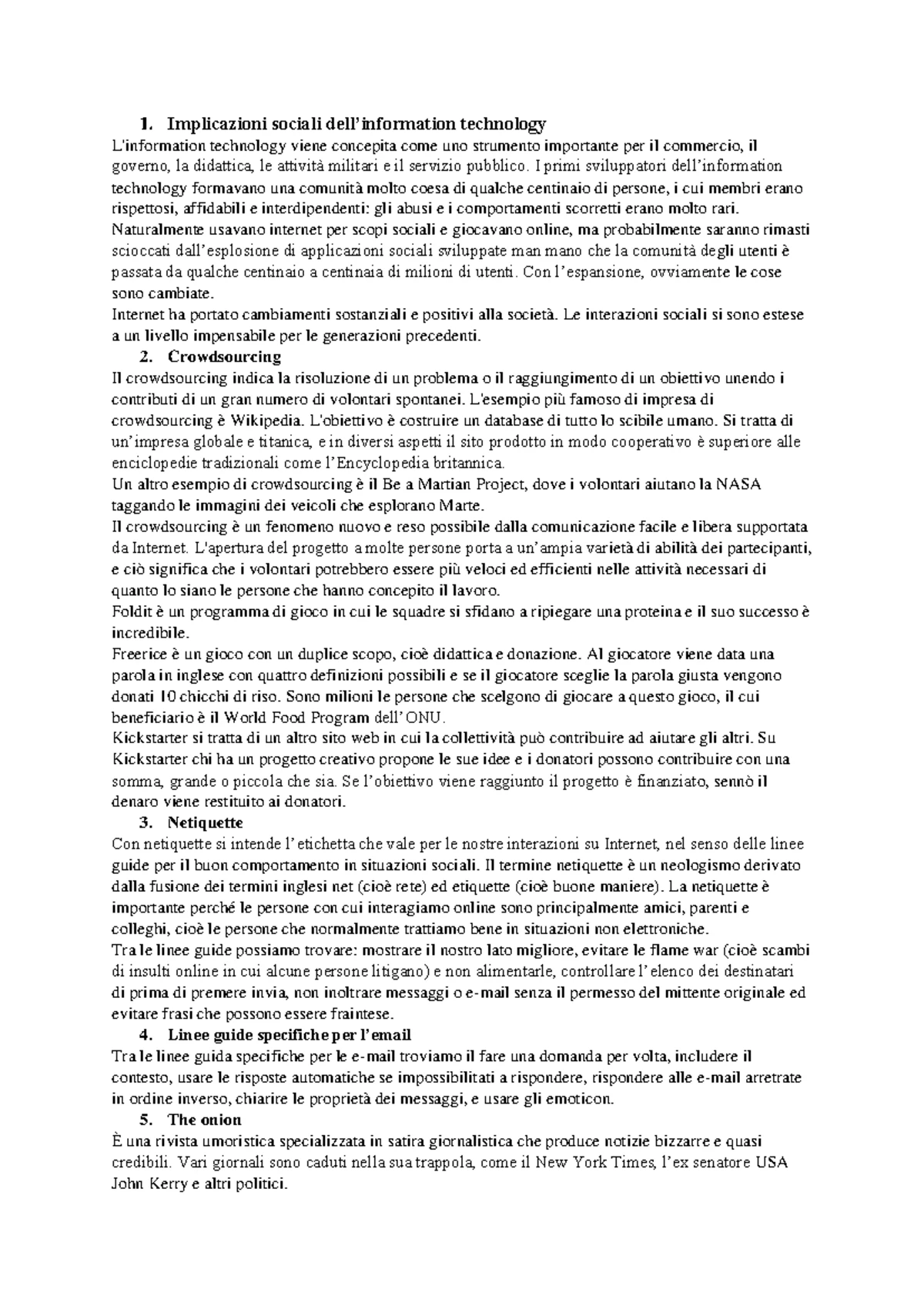 Informatica - Riassunto sul Crowdsourcing e Intelligenza Collettiva -  Studocu