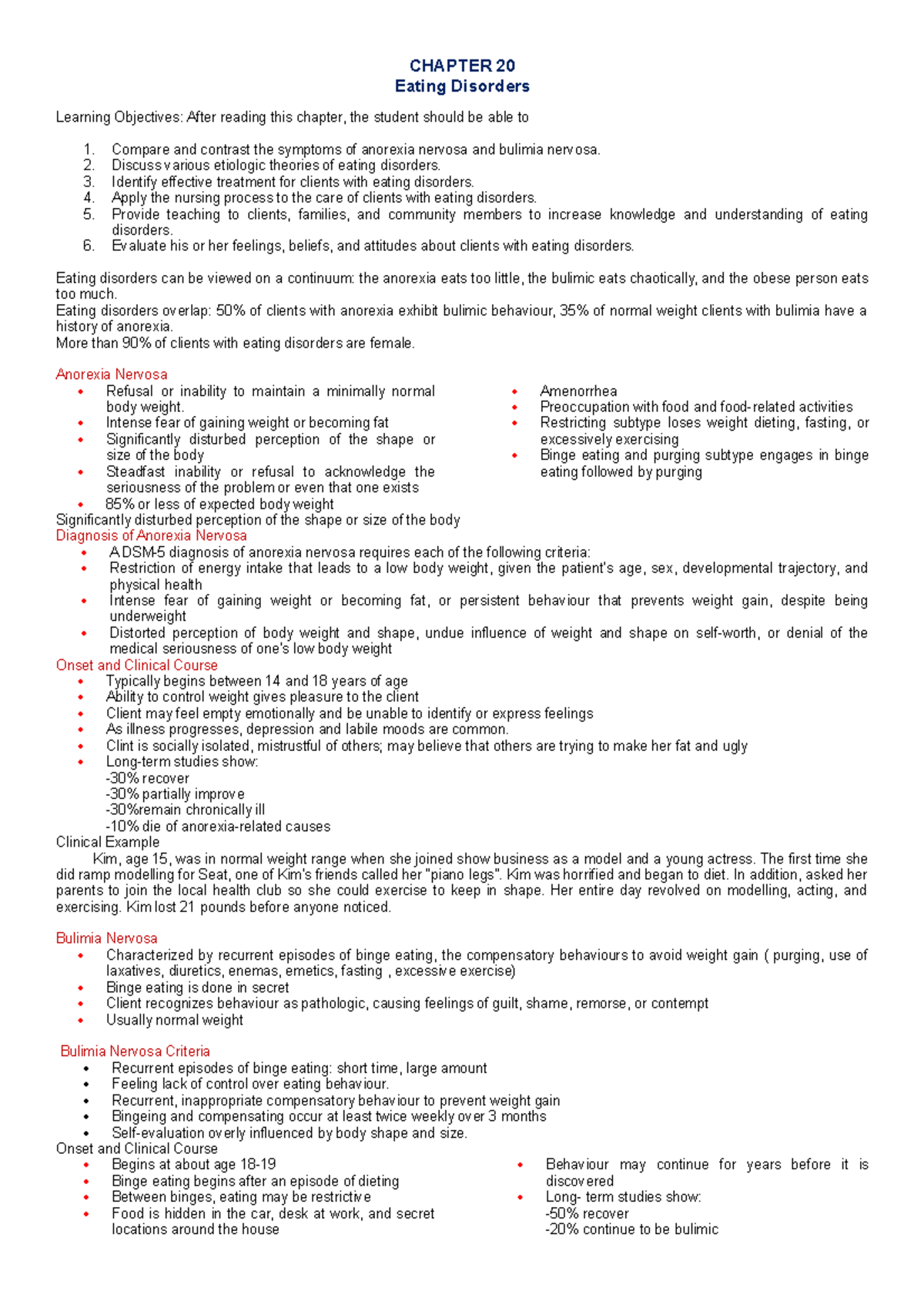 Chapter 20 - Eating Disorders: Anorexia & Bulimia Overview - Studocu