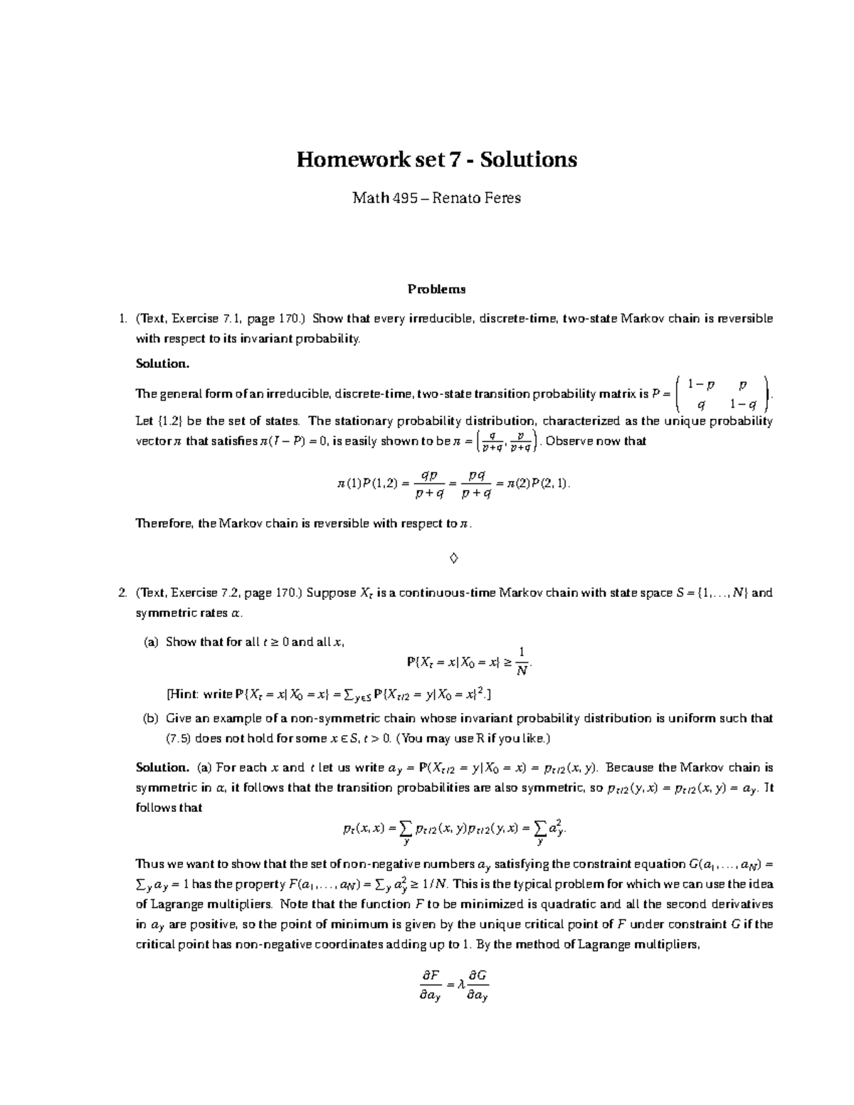 Math 495 Homework 7 Solutions: Markov Chain Reversibility & Properties ...