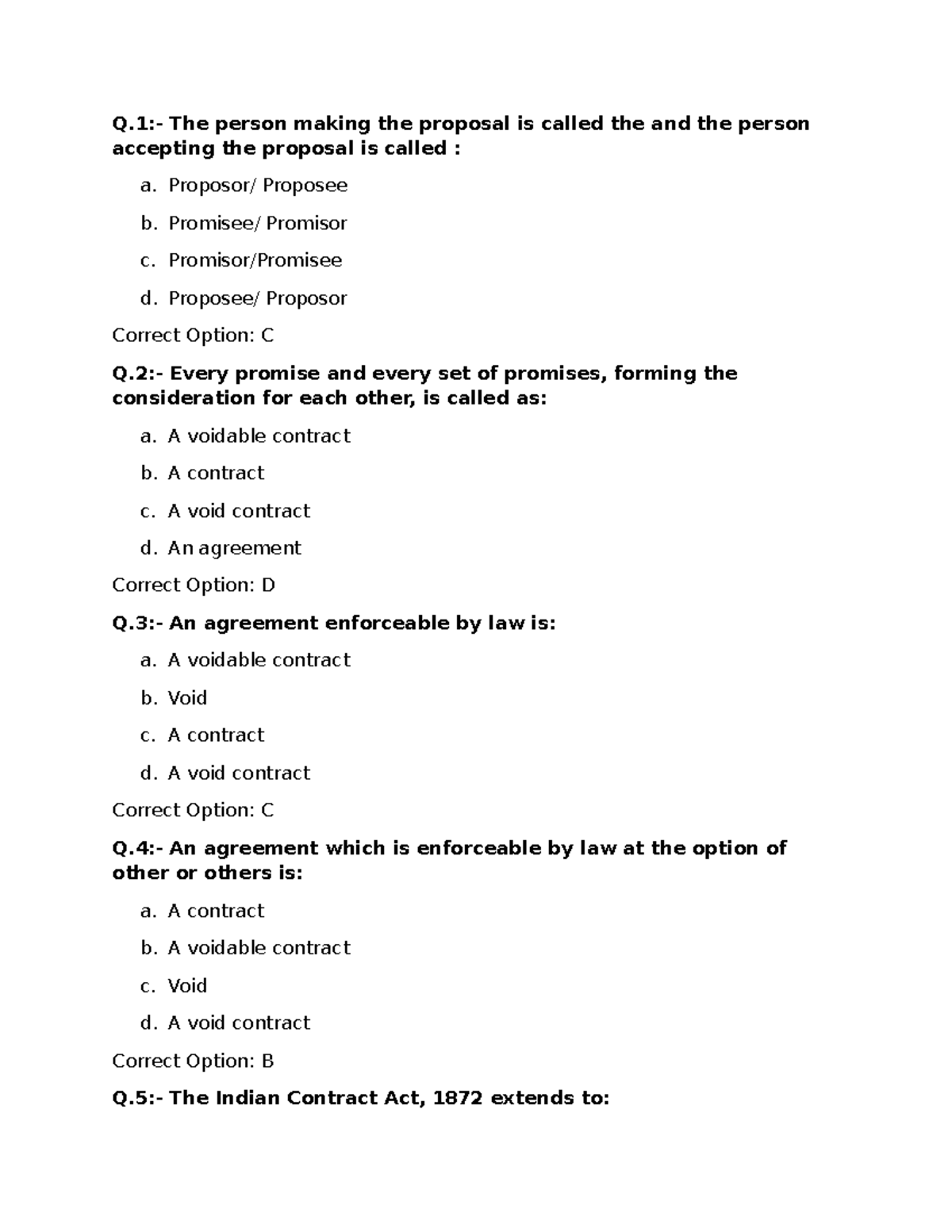 MCQ Contract Act - Study Notes for Business Law (BL101) - Studocu