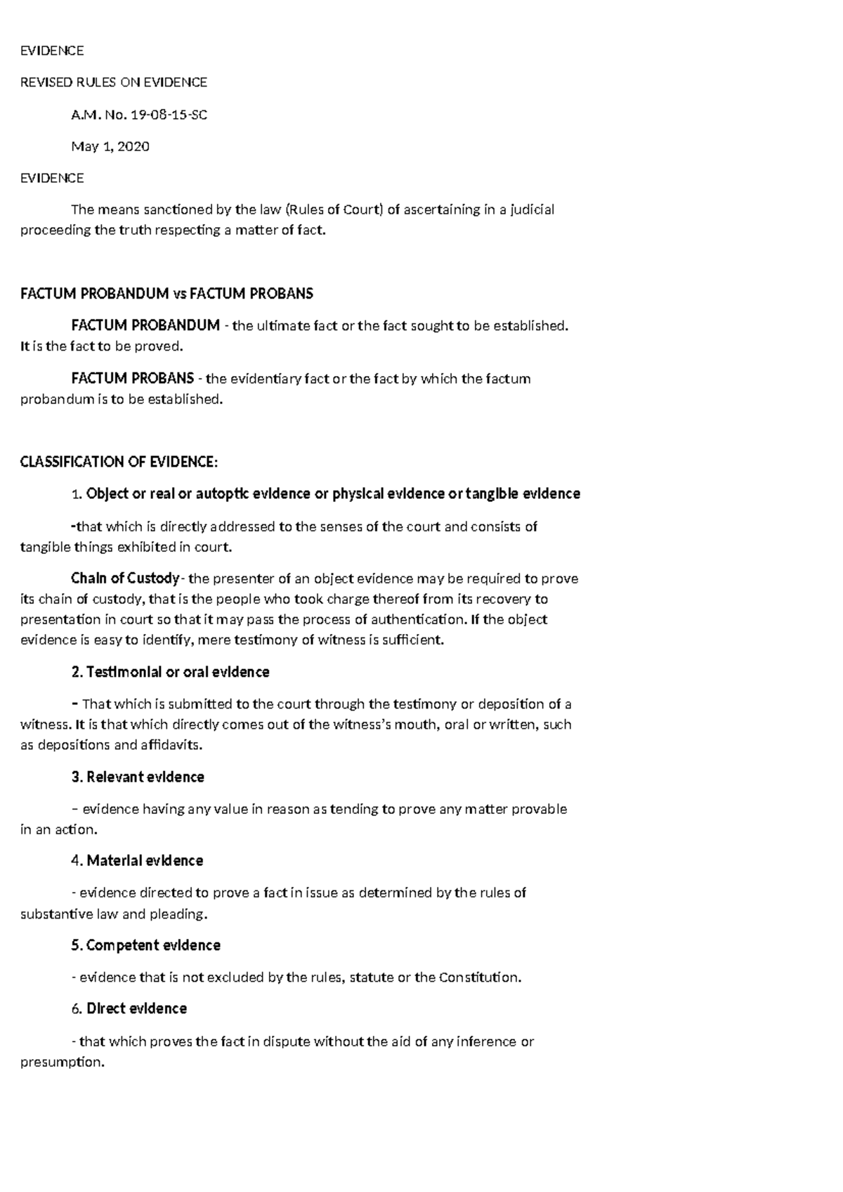 EVIDENCE A.M. No. 2020: Revised Rules and Classifications of Evidence ...