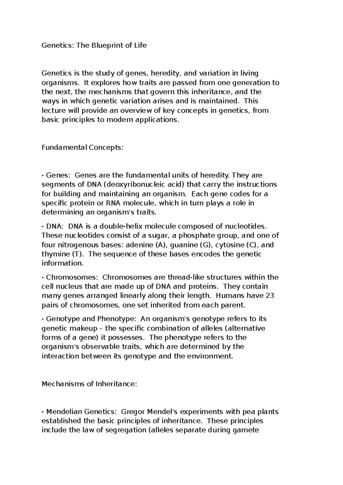 Genetics 101: Key Concepts and Modern Applications Lecture Notes - Studocu