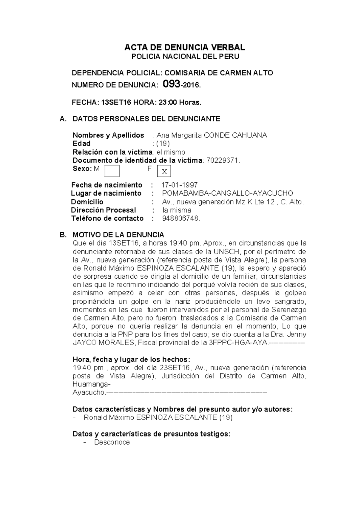 ACTA DE DENUNCIA VERBAL DE ANA Margarita - Caso 093-2016 - Document Preview