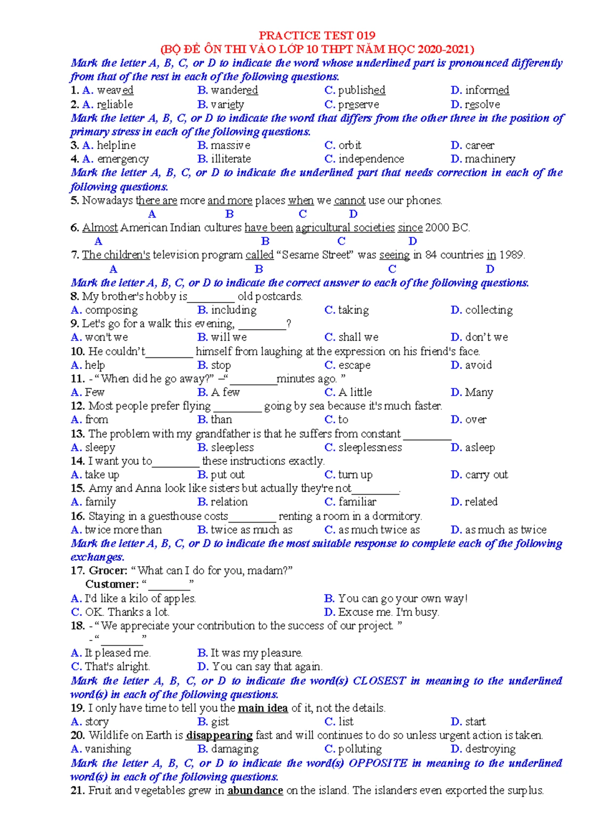 18. Practice Test 018: Revision for Class 10 Entrance Exam 2020-2021 ...