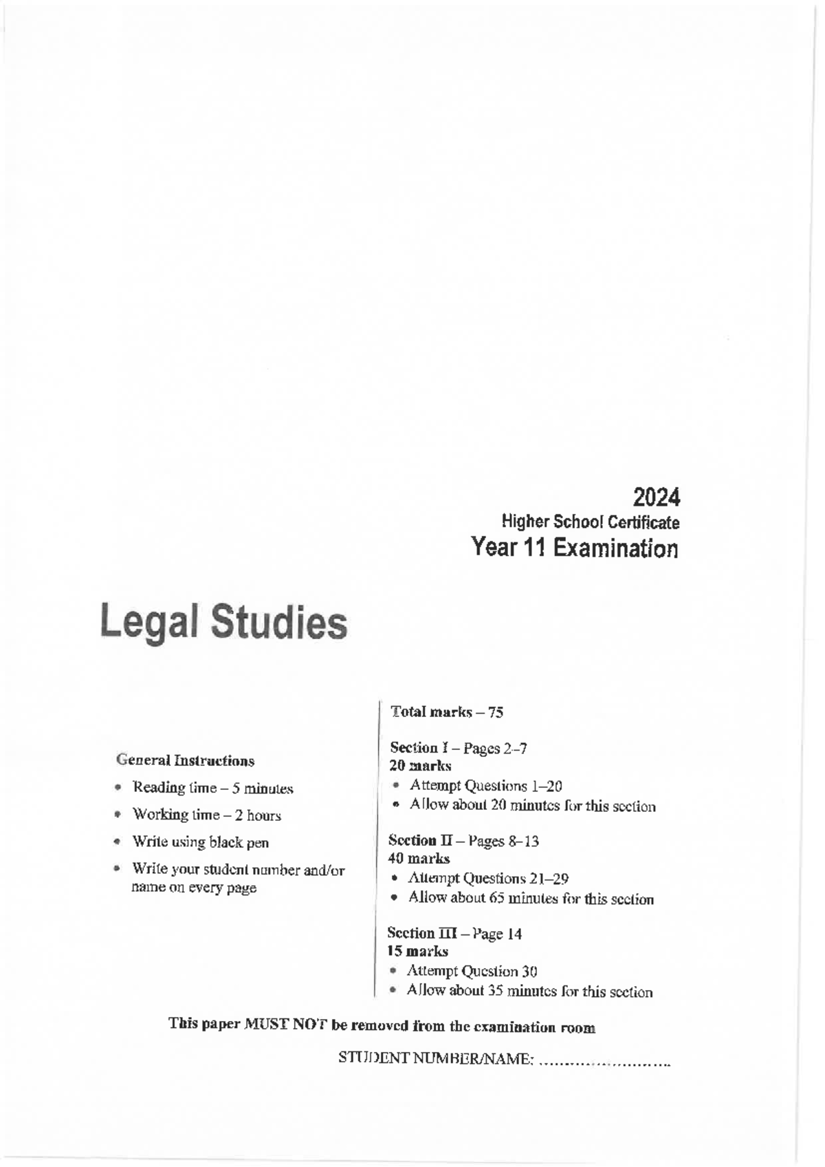 2024 HSC Year 11 Legal Studies Exam Paper - Total Marks 75 - Studocu