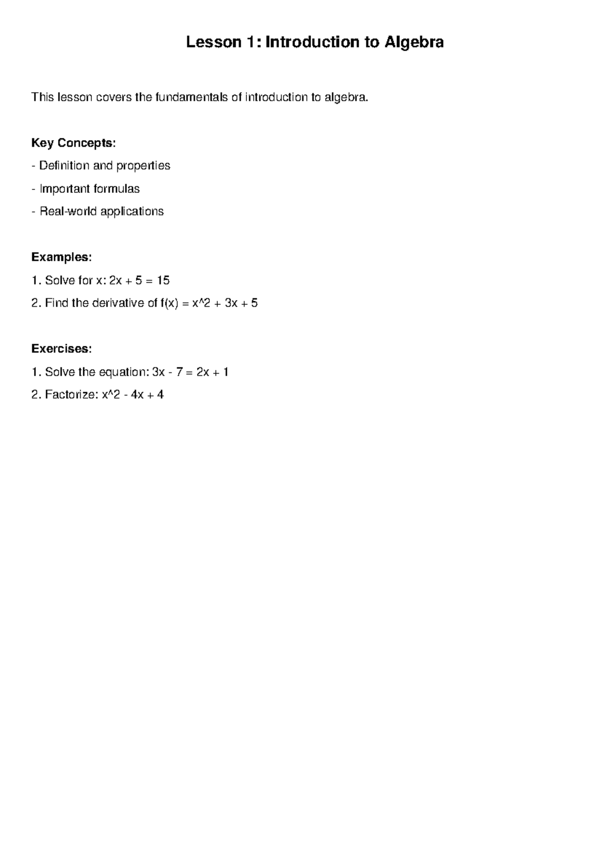 Lesson 1 Introduction to Algebra - MATH 2318 - Lesson 1: Introduction ...
