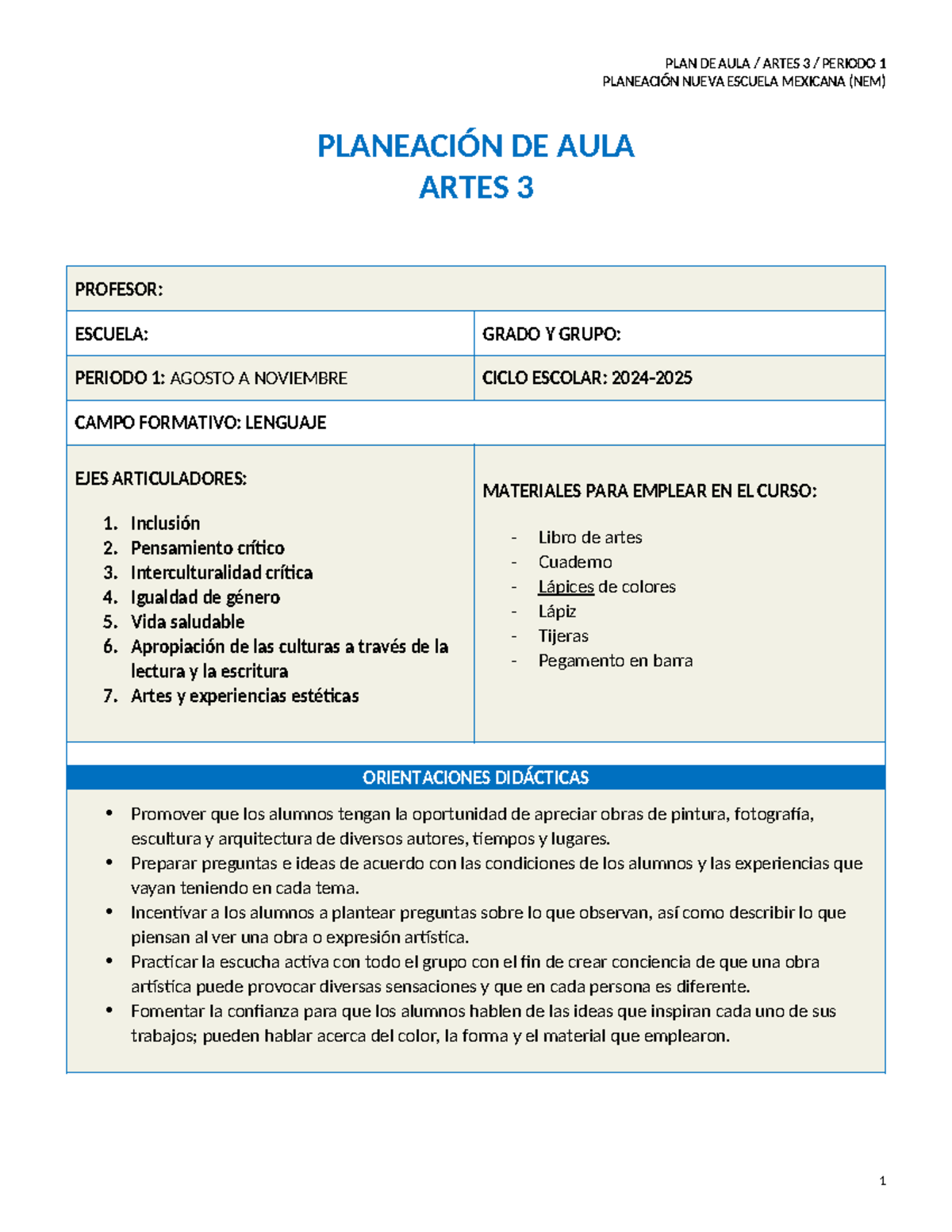 PLAN DE AULA ARTES 3 PERIODO 1: PLANEACIÓN NUEVA ESCUELA MEXICANA (NEM ...