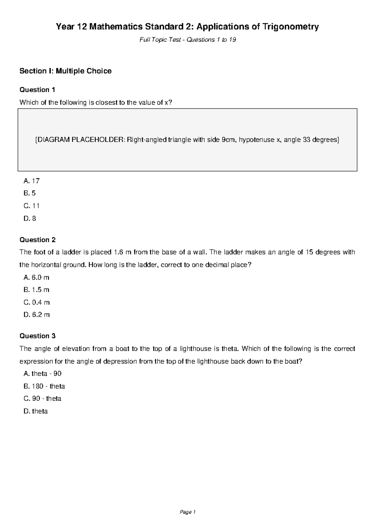 Year 12 Mathematics Standard 2: Complete Trigonometry Topic Test - Studocu
