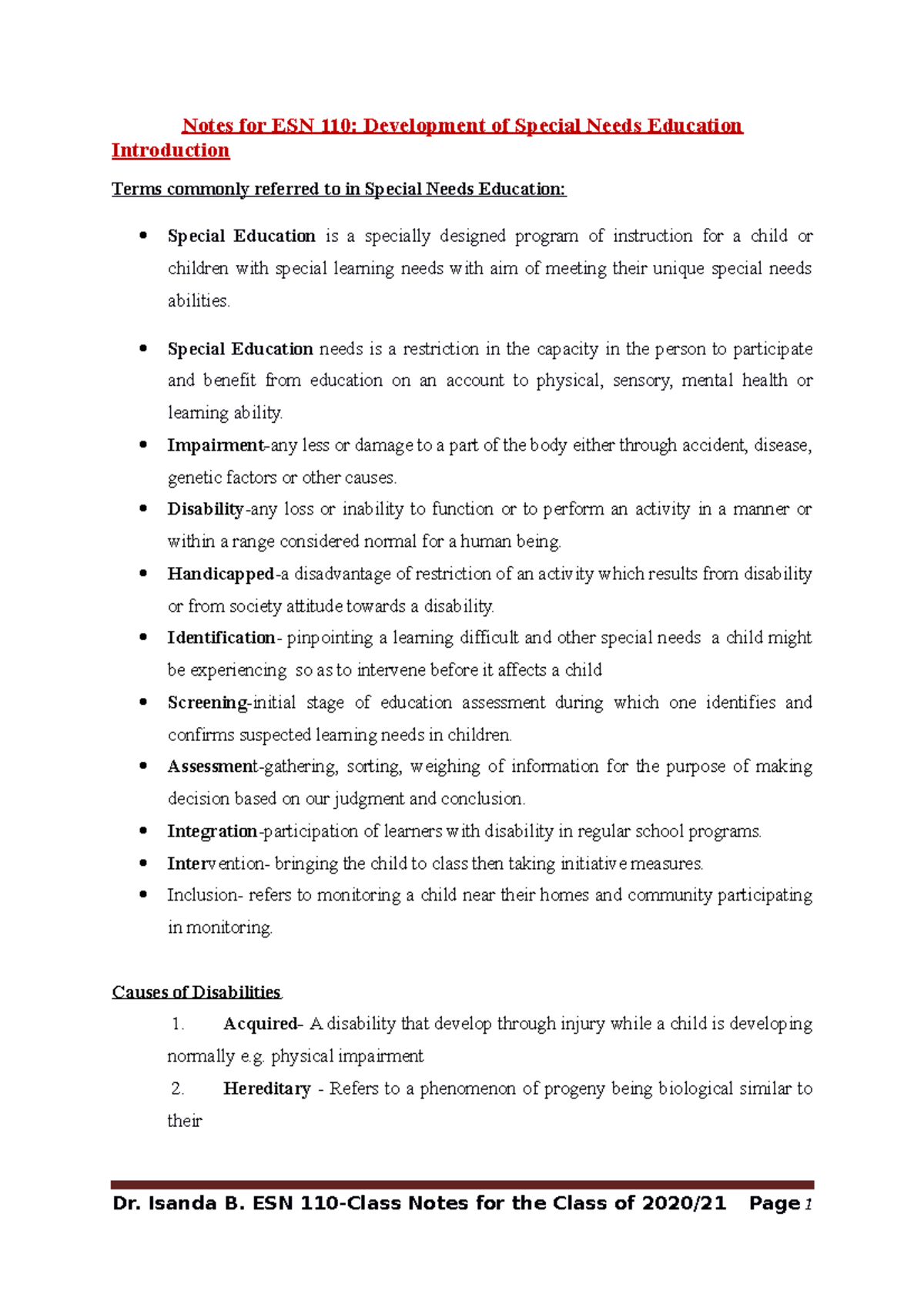 Class Notes on Special Needs Education for ESN 110 - 2021 - Document Preview