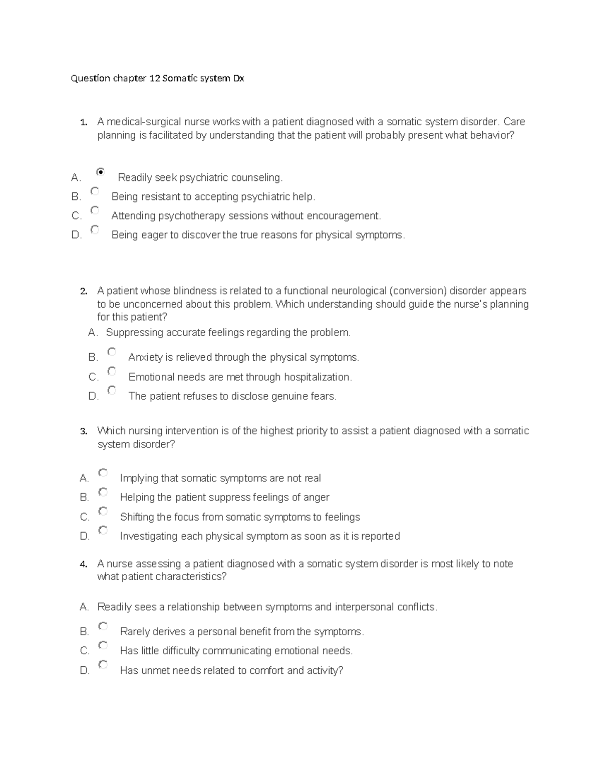 NUR 310 Week 4 Study Questions: Somatic & Personality Disorders - Studocu