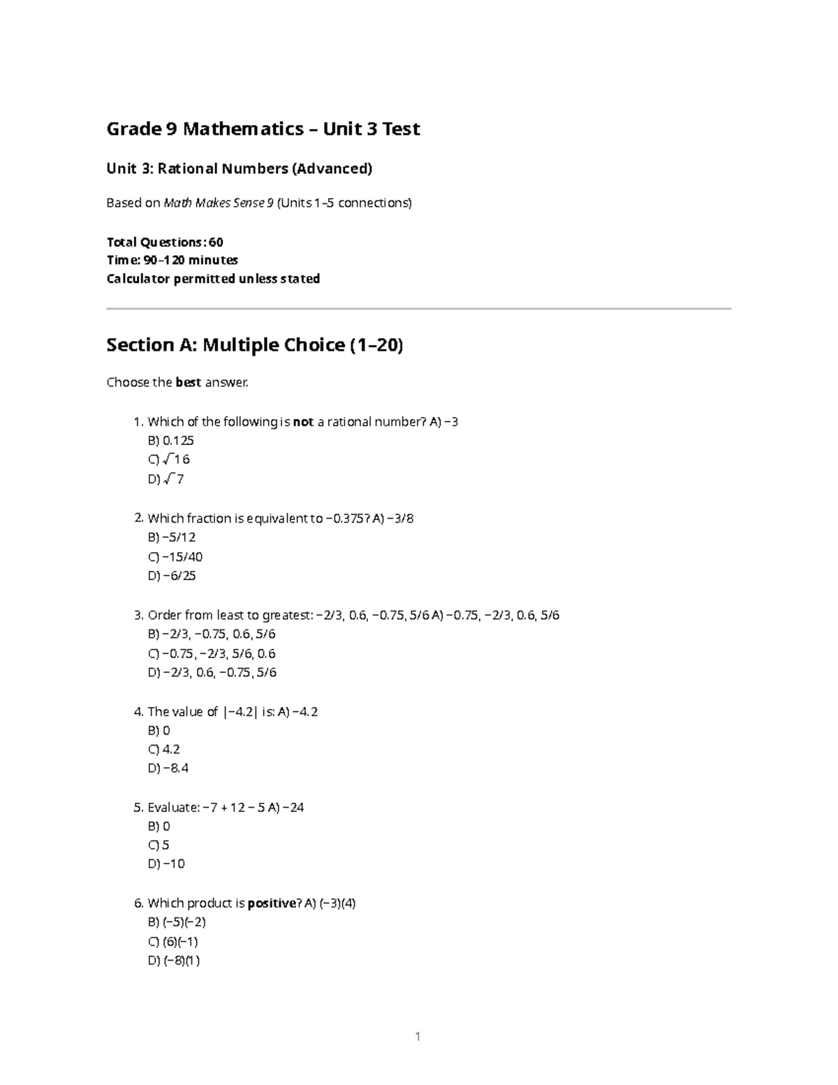 Unit 3 Test – Rational Numbers (Grade 9 Advanced) - Studocu