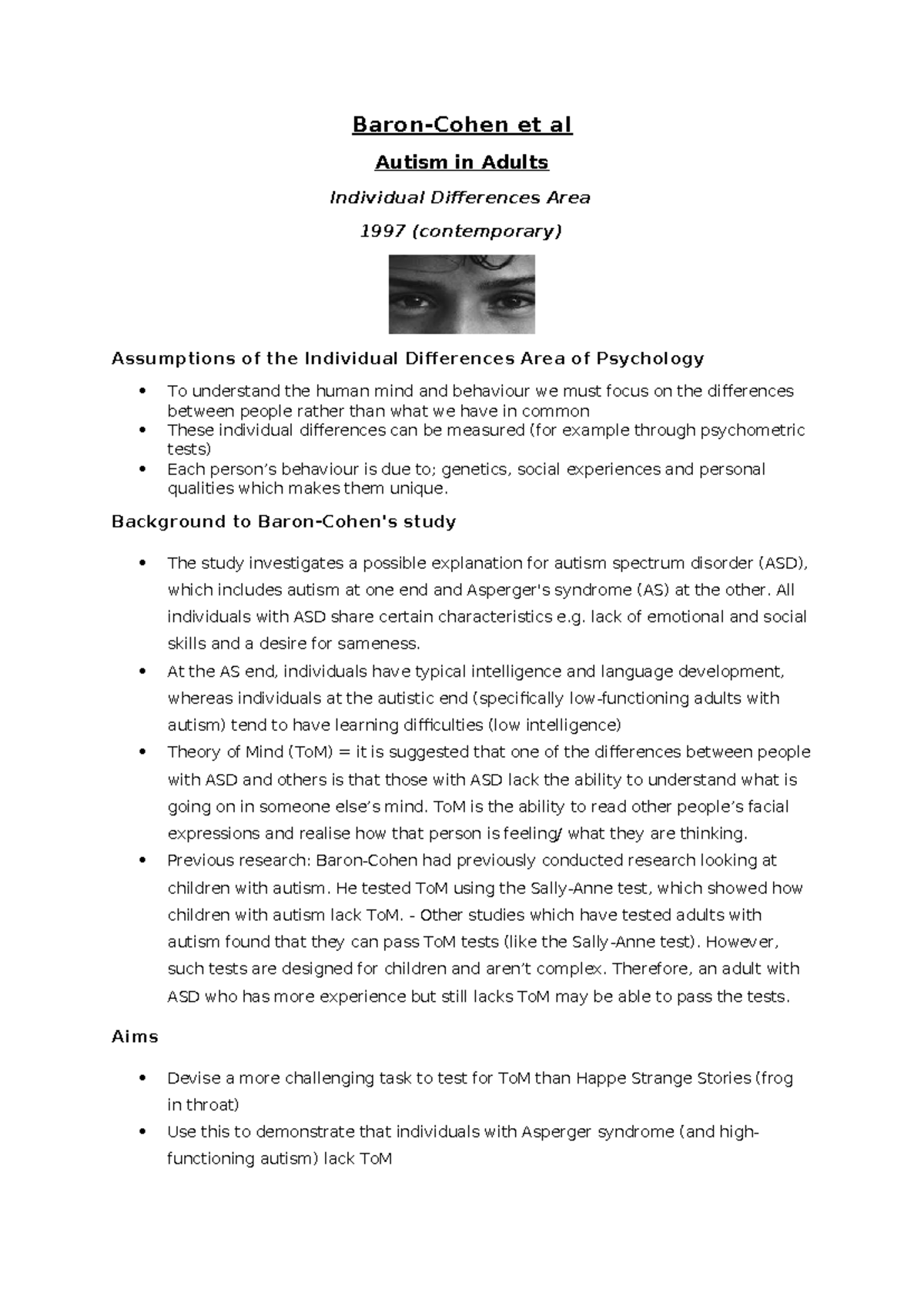 Baron-Cohen's Study on Theory of Mind in Adults with Autism (1997 ...