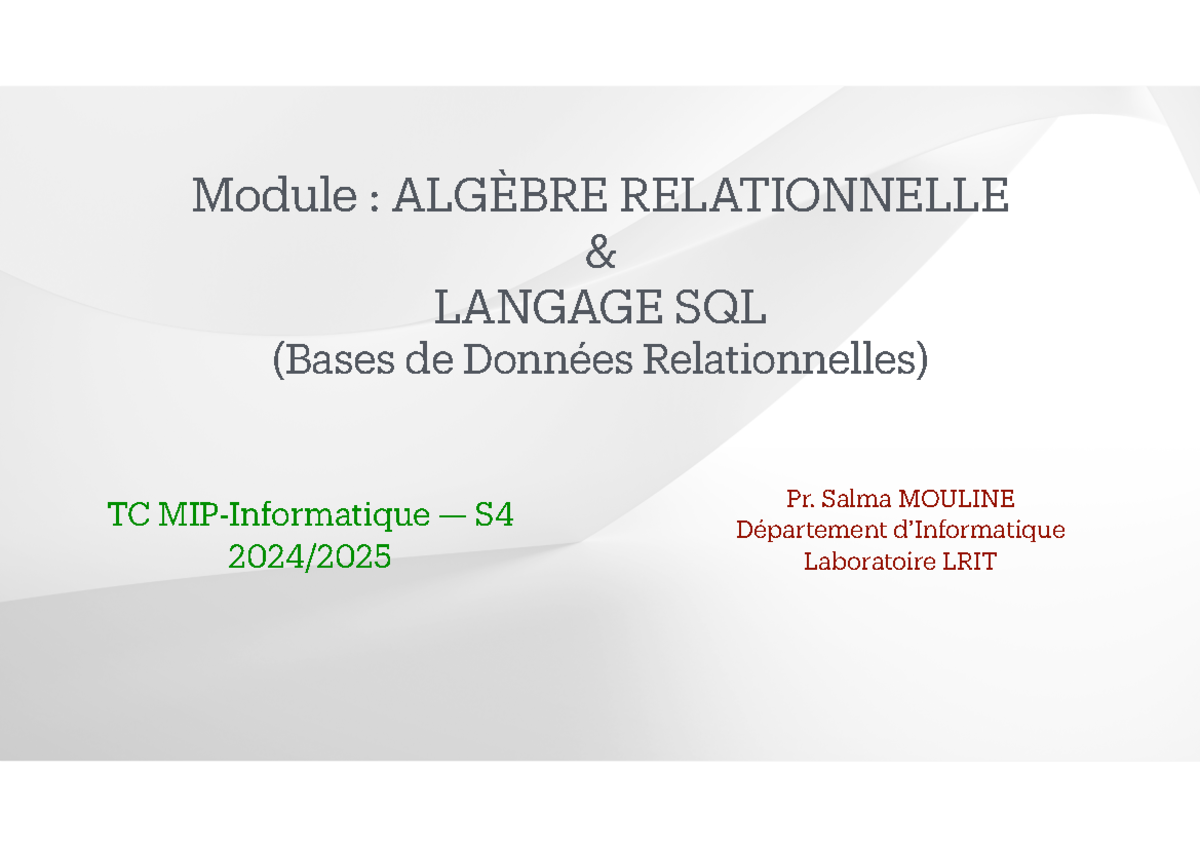 Module TC S4 : Introduction au Cours de SQL et Bases de Données ...