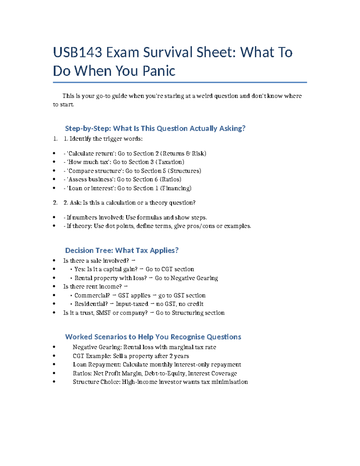 USB143 Exam Survival Sheet: Panic Strategies & Key Definitions - Studocu