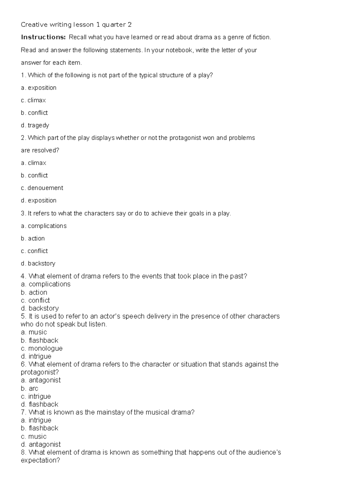 Quarter 2 Creative Writing Quiz - Lecture Notes - Studocu