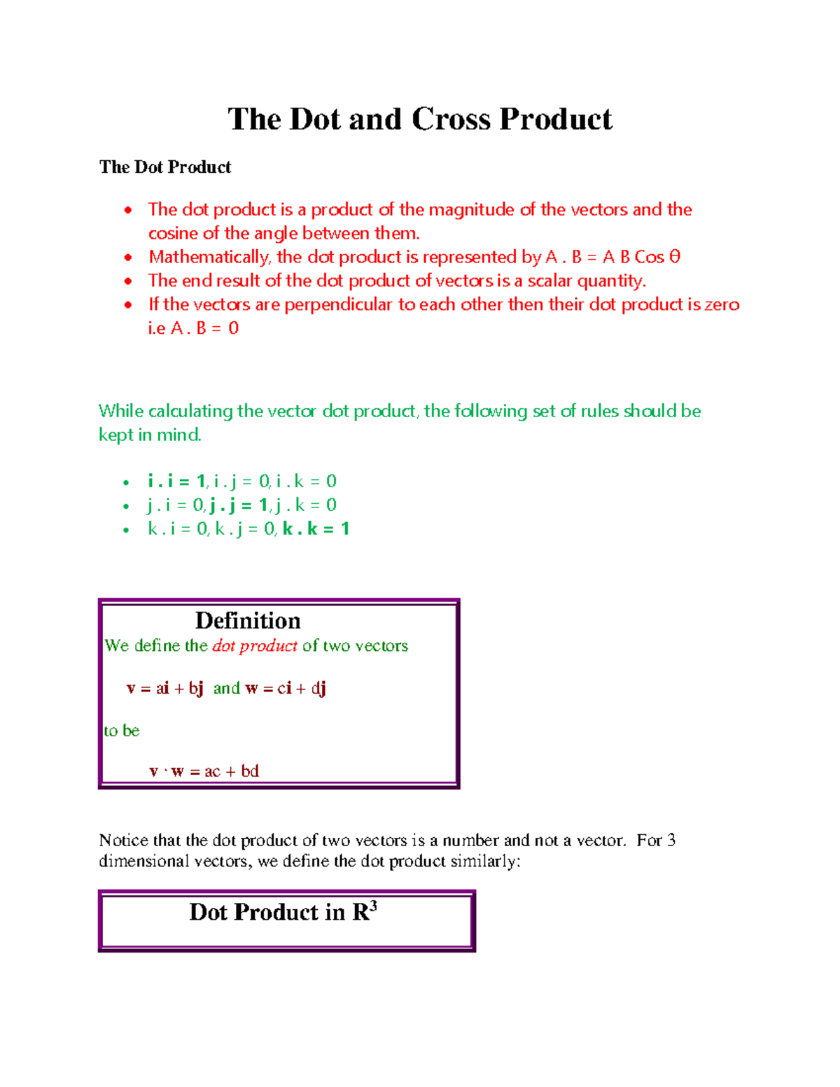 Math 103B: Dot and Cross Product Summary Notes and Examples - Studocu