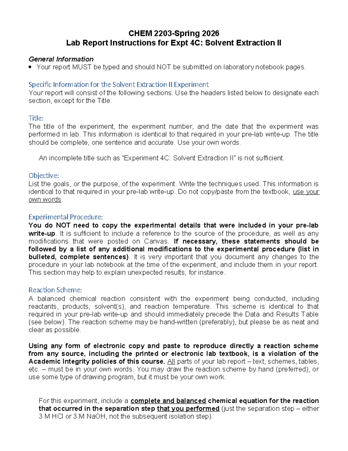 CHEM 2026 Lab Report: Solvent Extraction II Instructions for Spring ...
