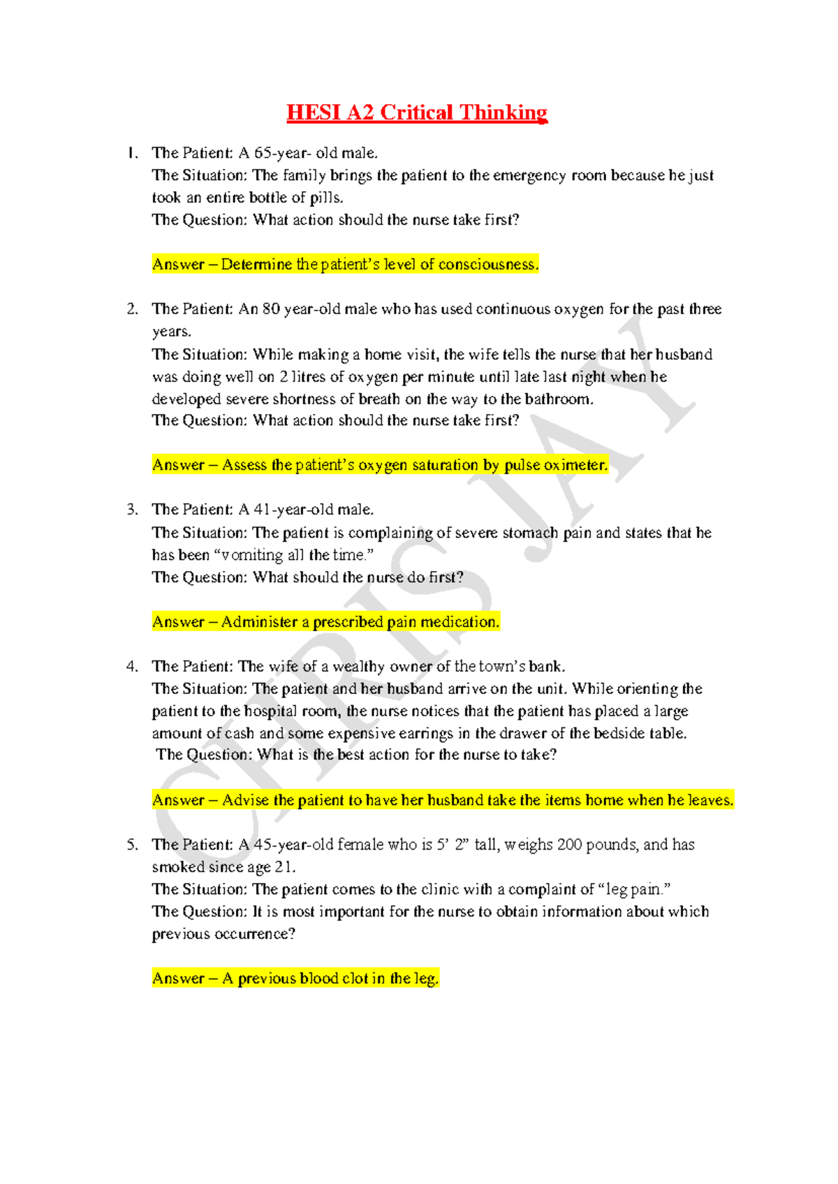HESI A2 Critical Thinking Practice Questions and Answers - Studocu