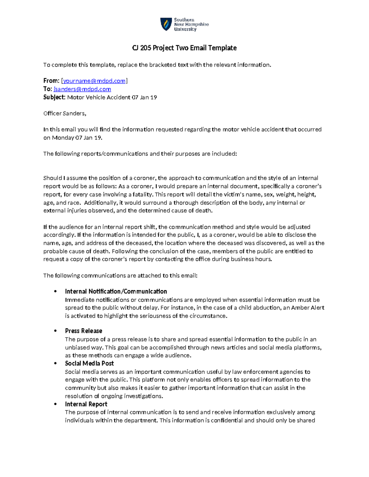 CJ 205 Project Two Email Template for Motor Vehicle Accident Reporting ...