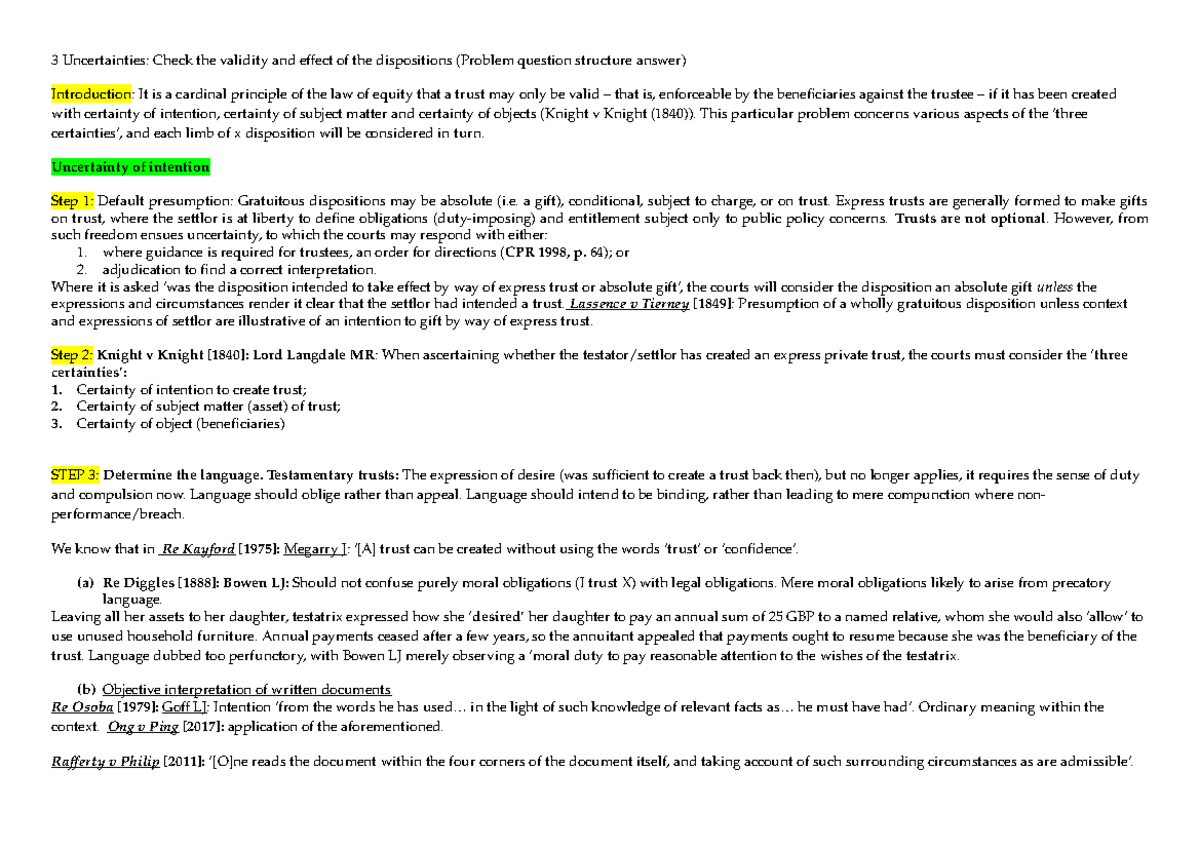 The Three Certainties in Trust Law: Problem Question Structure Note ...