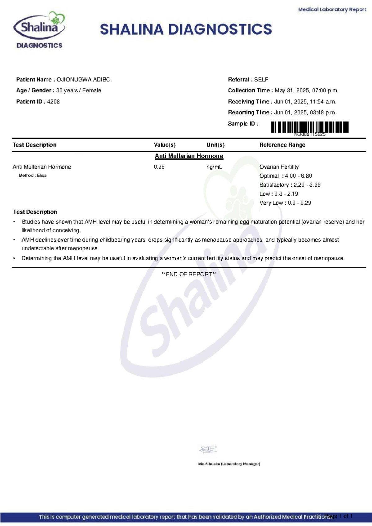 AMH Test Report for Ojionugwa Adibo (Patient ID: 4208) - Studocu