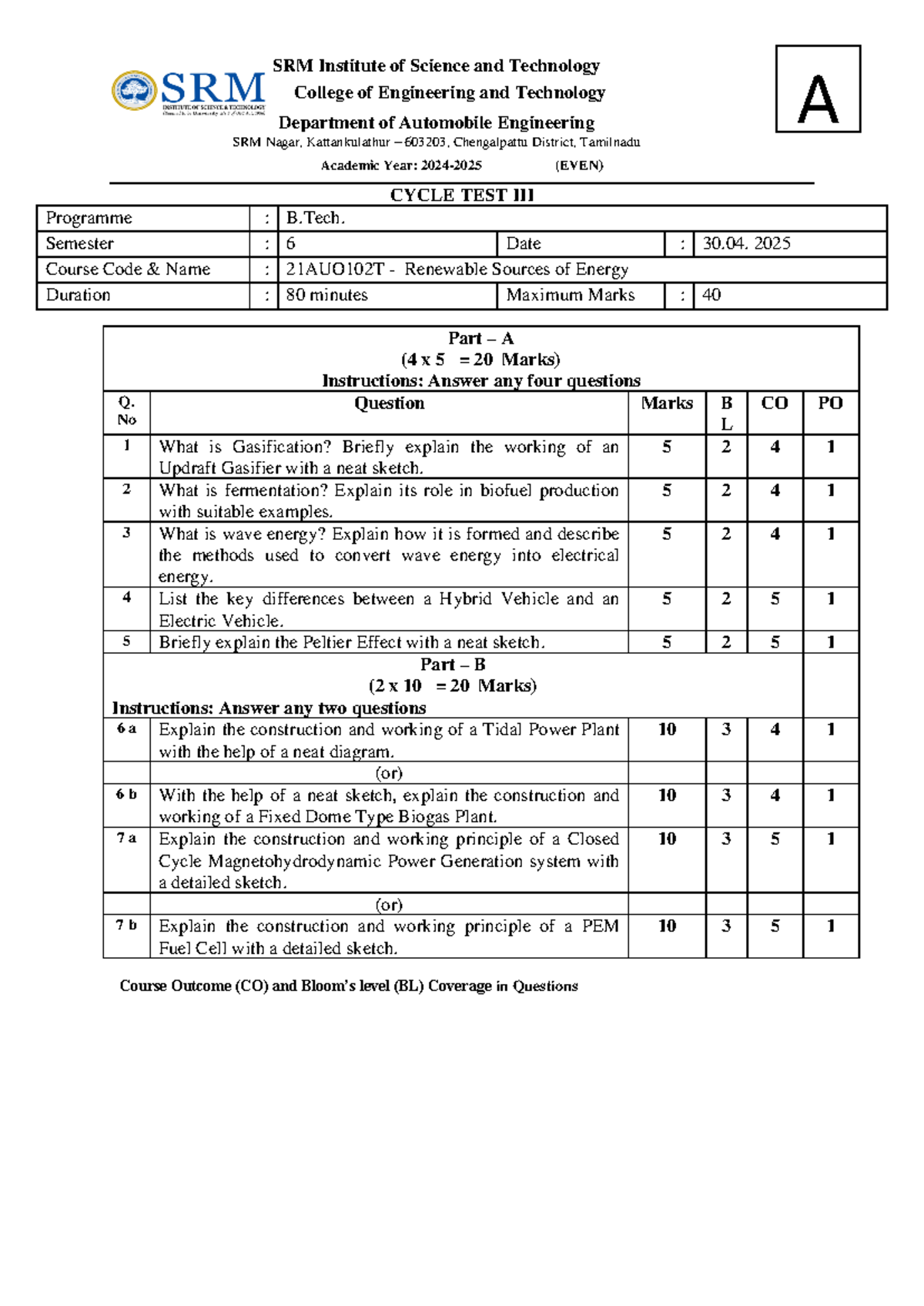 CT 3 QP 21AUO102T Renewable Sources of Energy - SET B Exam Paper - Studocu