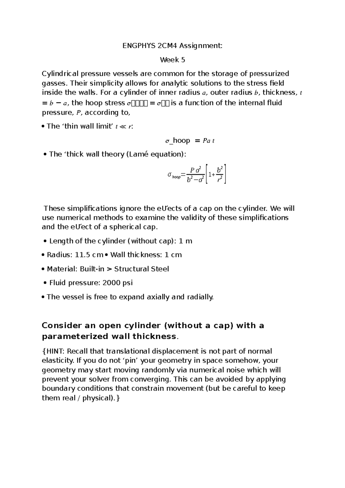 ENGPHYS 2CM4 Assignment 5: Analysis of Cylindrical Pressure Vessels ...