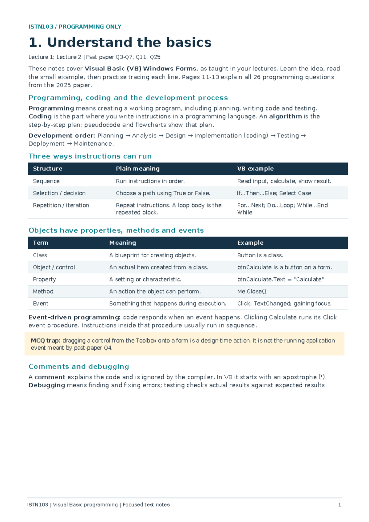 ISTN103 Visual Basic Programming Test Notes: Key Concepts & Past Papers ...