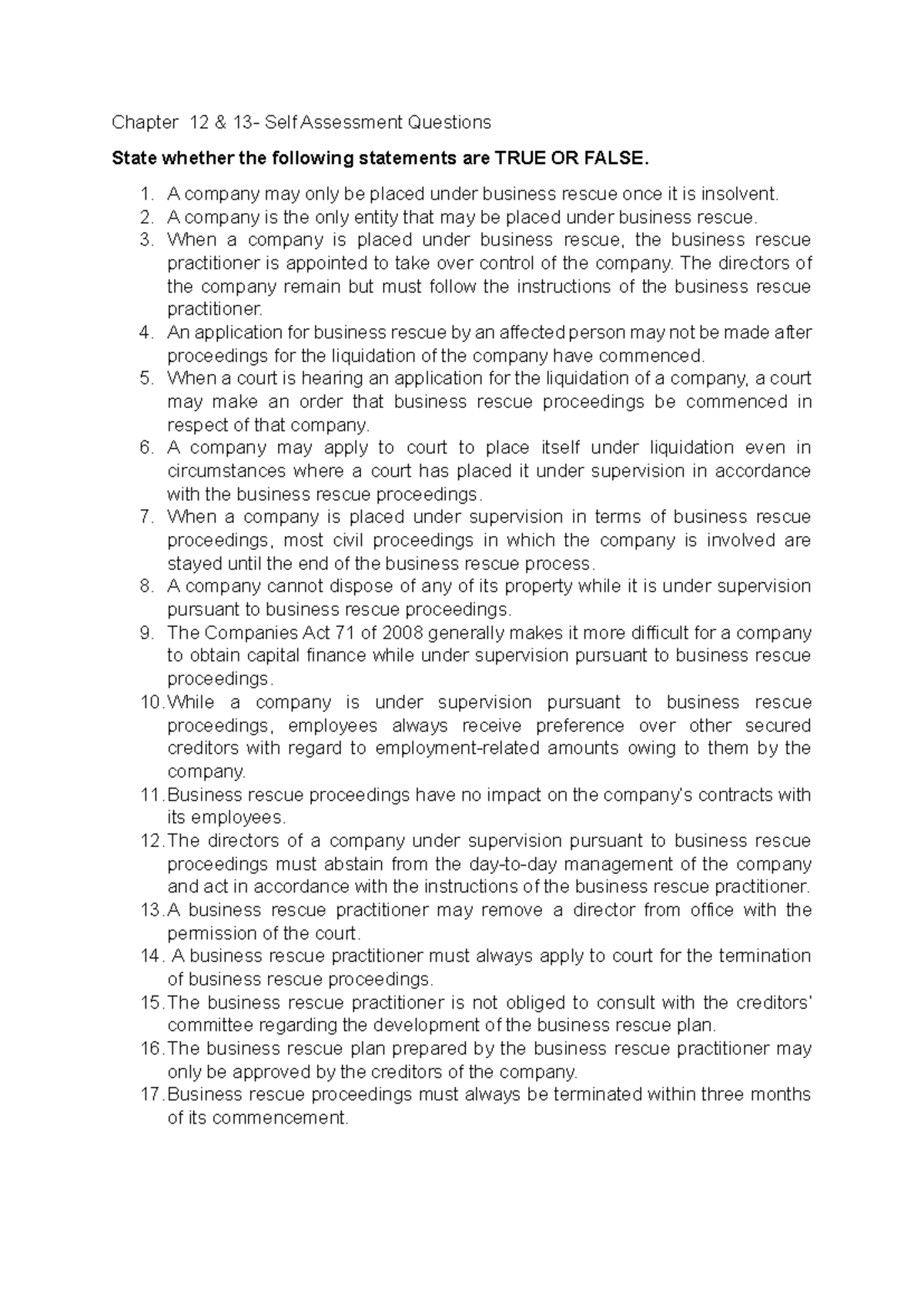 Chapter 12 & 13 True or False Questions on Business Rescue - Studocu