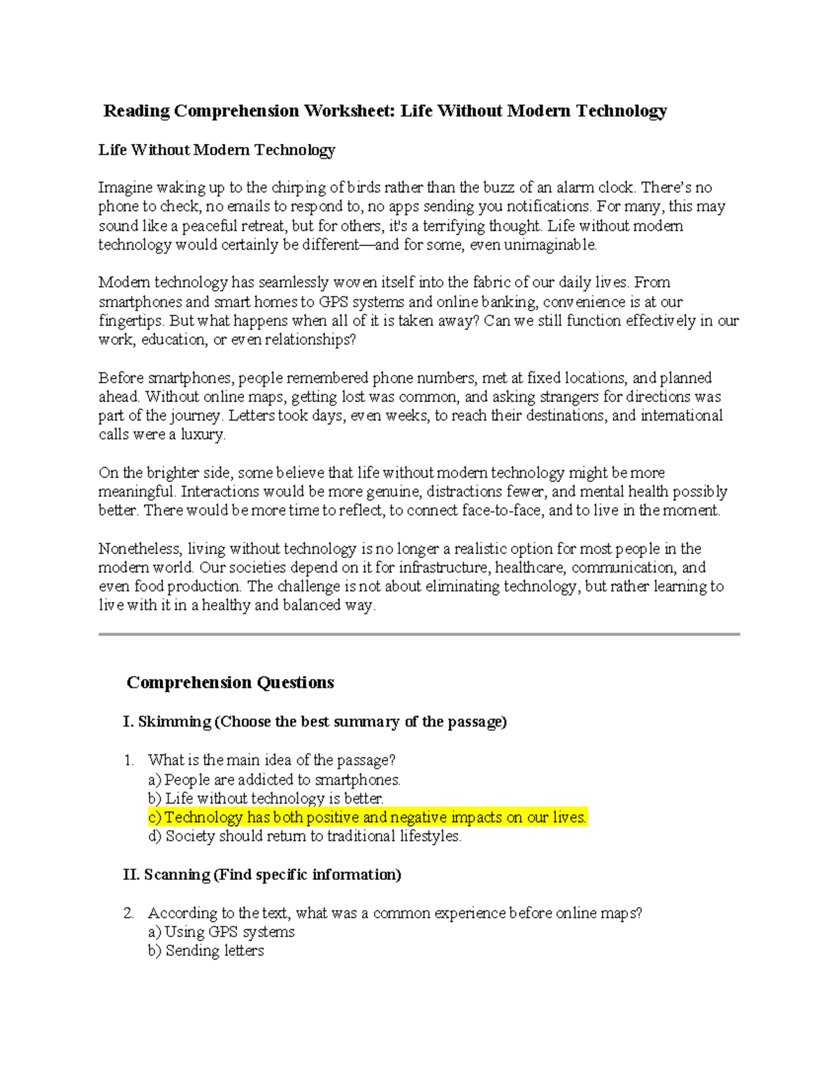 Reading Comprehension Worksheet: Life Without Modern Tech (ENG 101 ...