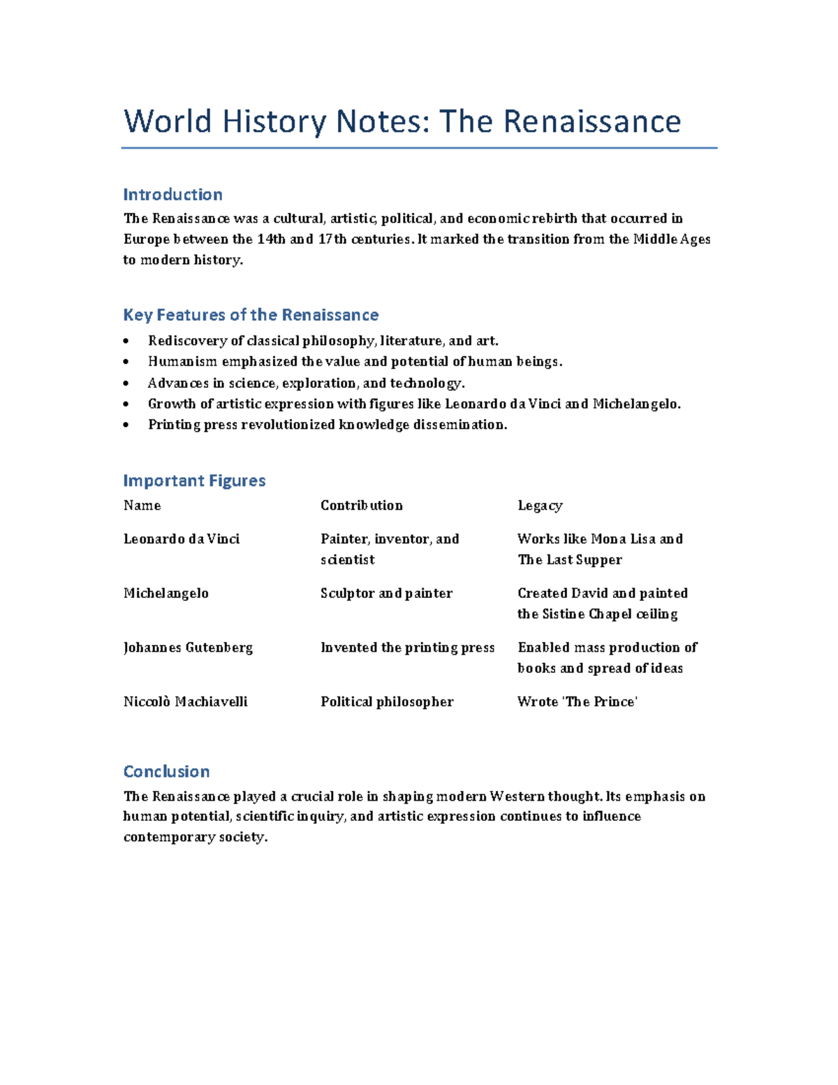 History 10 - Renaissance Period Overview and Key Figures - Studocu