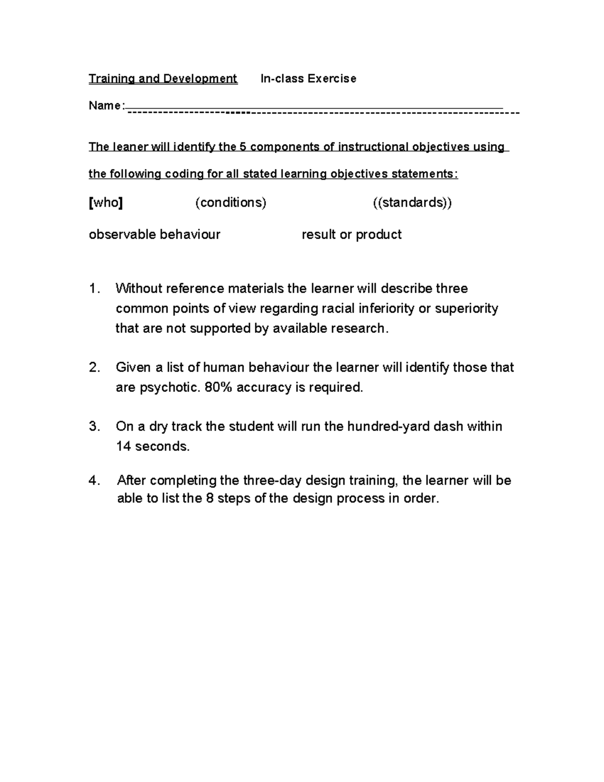 Training and Development Exercise: Identifying Instructional Objectives ...
