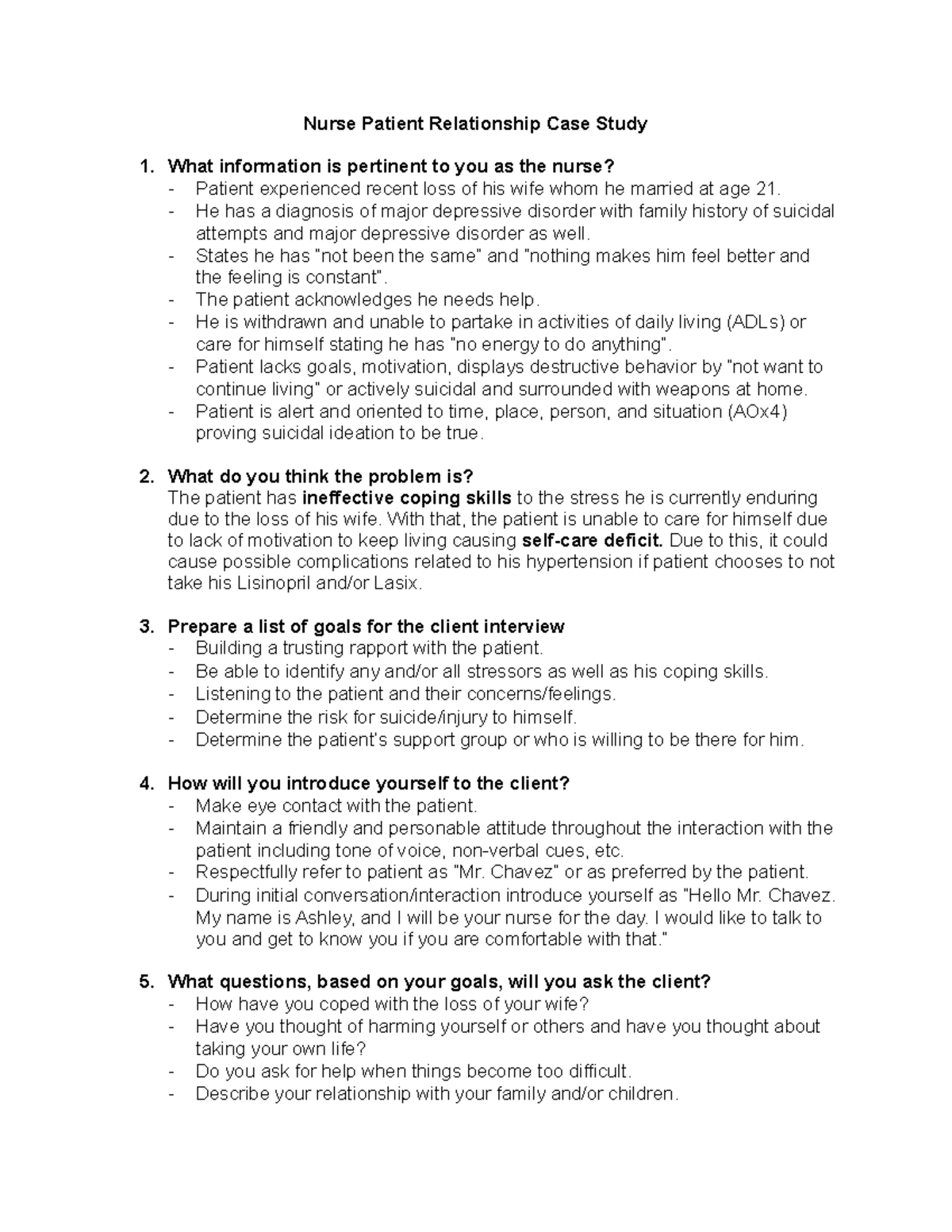 NUR 301: Nurse-Patient Relationship Case Study Analysis and Goals - Studocu