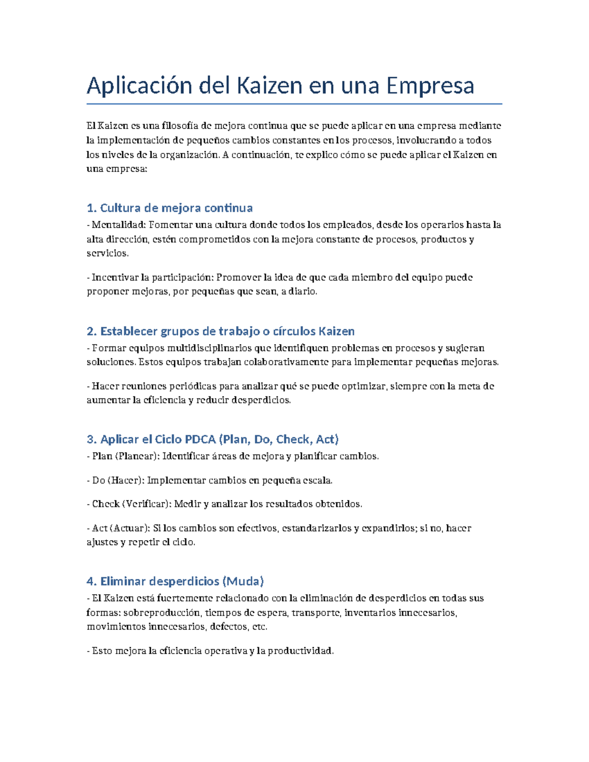 Métodos y Aplicaciones del Kaizen en la Mejora Continua - Studocu