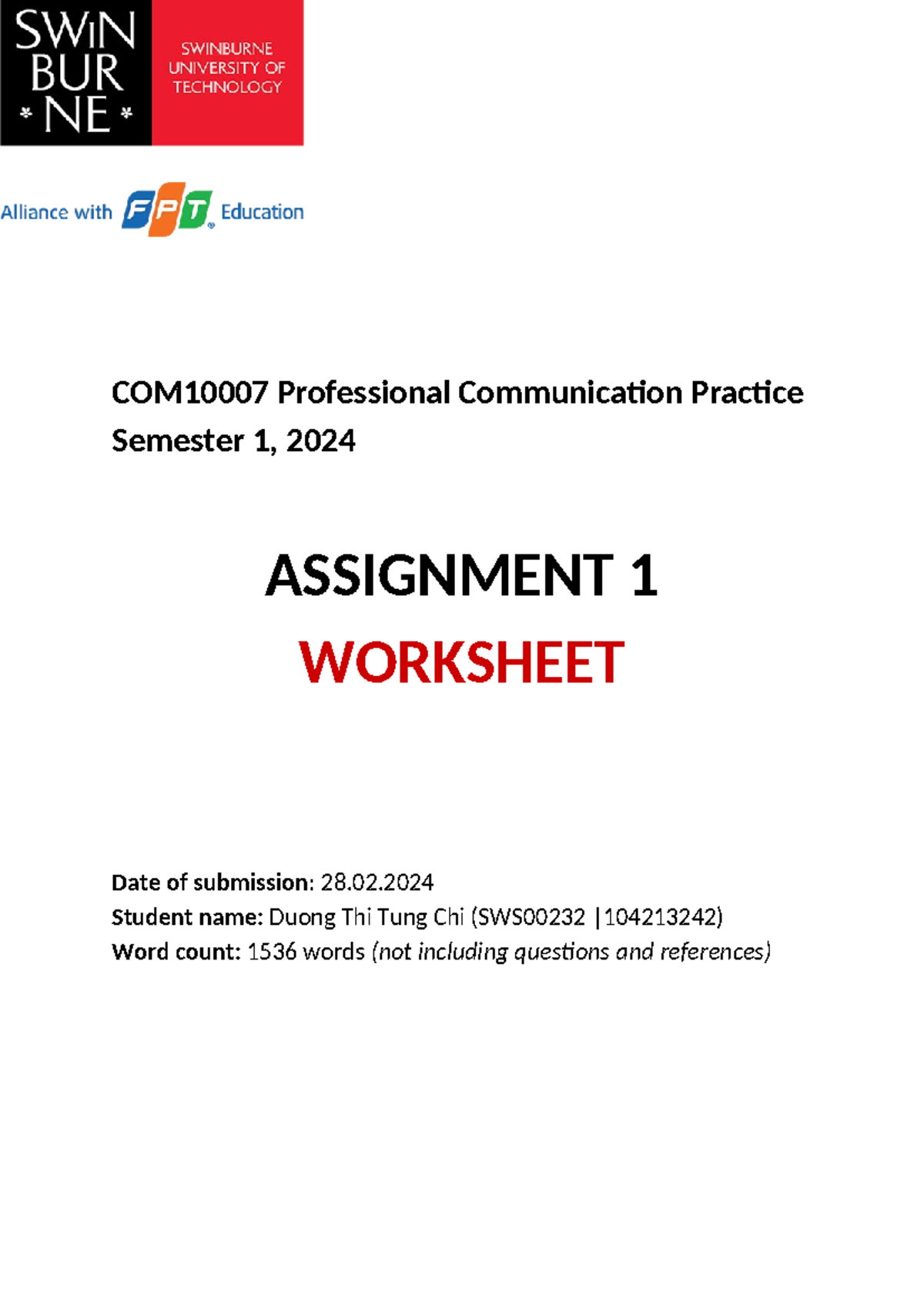 COM10007- ASS1- Worksheet - Duong Thi Tung Chi (104213242)-1 - COM10007 ...